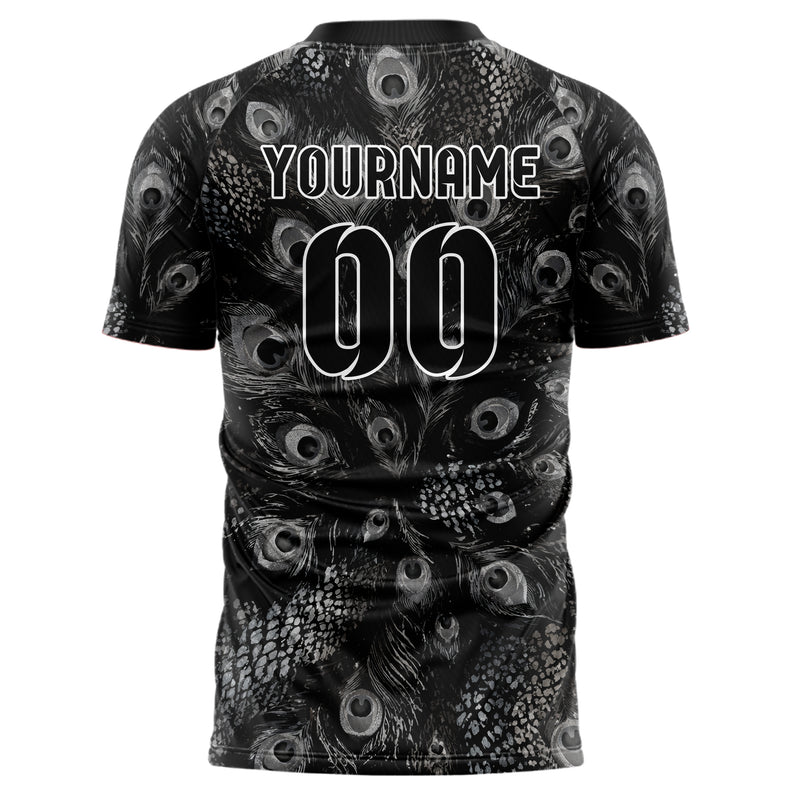 Schwarz klassisches Animal Print Peacock Feather Design 08-0009 individuelles Fußballtrikot back
