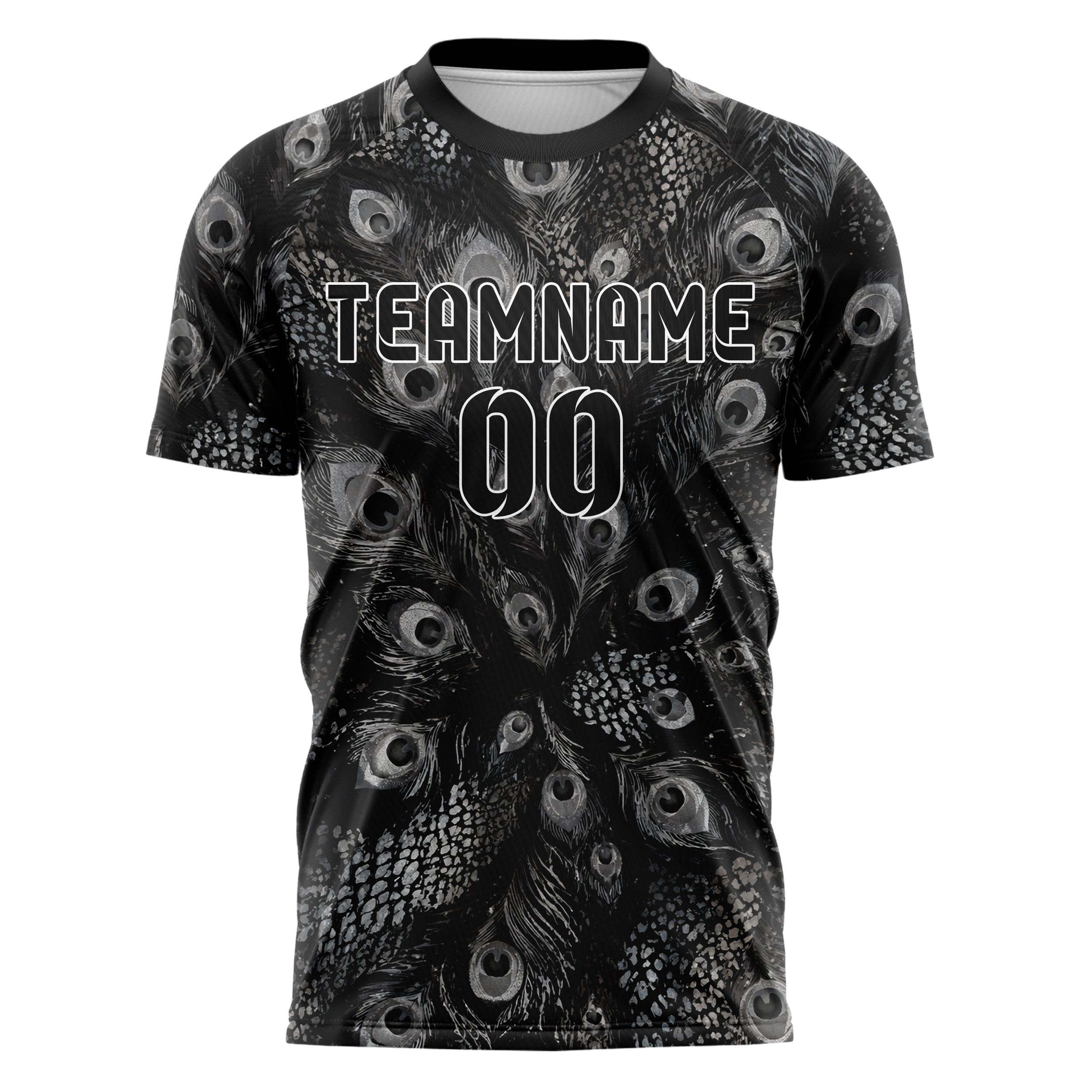 Schwarz klassisches Animal Print Peacock Feather Design 08-0009 individuelles Fußballtrikot front
