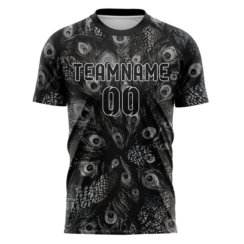 Schwarz klassisches Animal Print Peacock Feather Design 08-0009 individuelles Fußballtrikot front