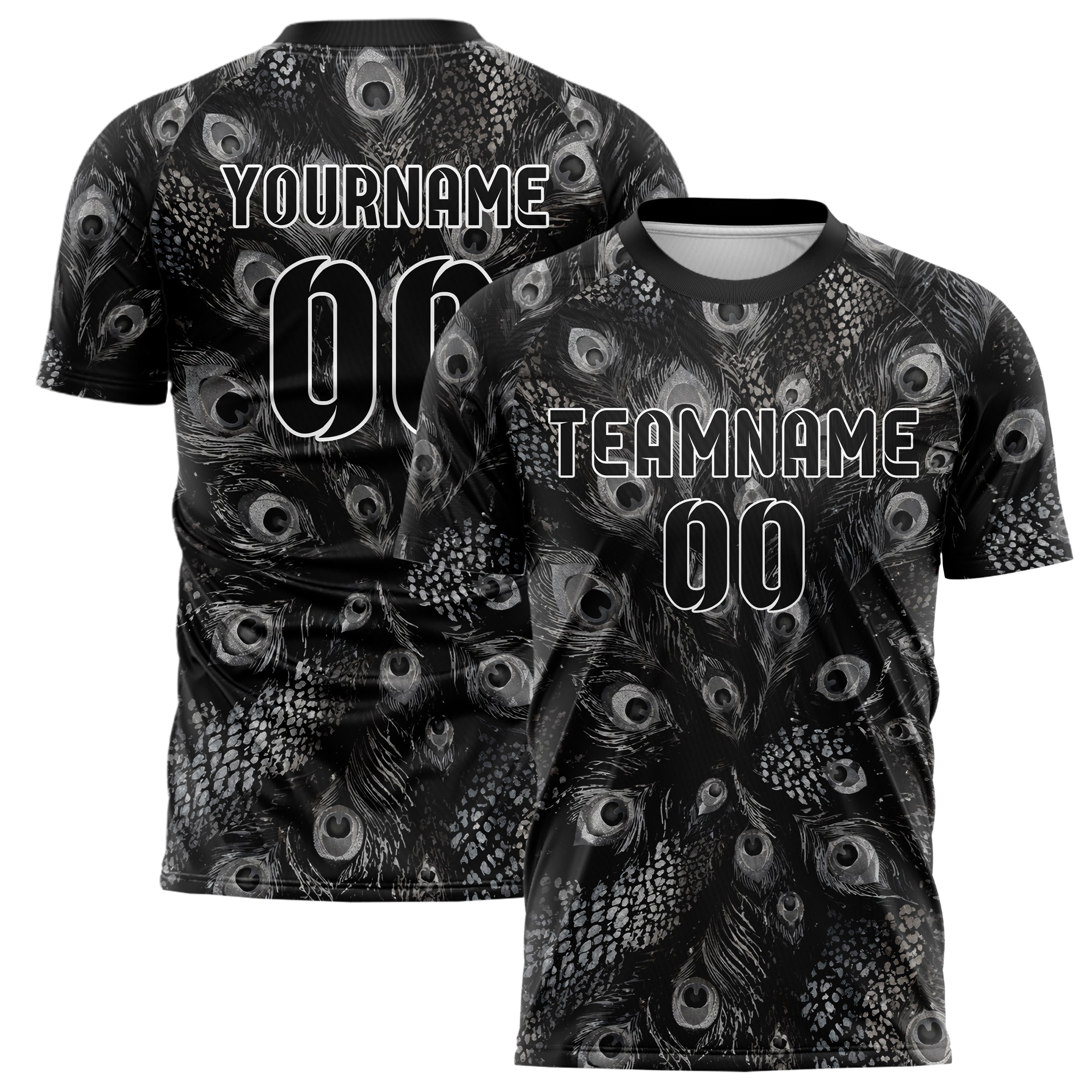 Schwarz klassisches Animal Print Peacock Feather Design 08-0009 individuelles Fußballtrikot main