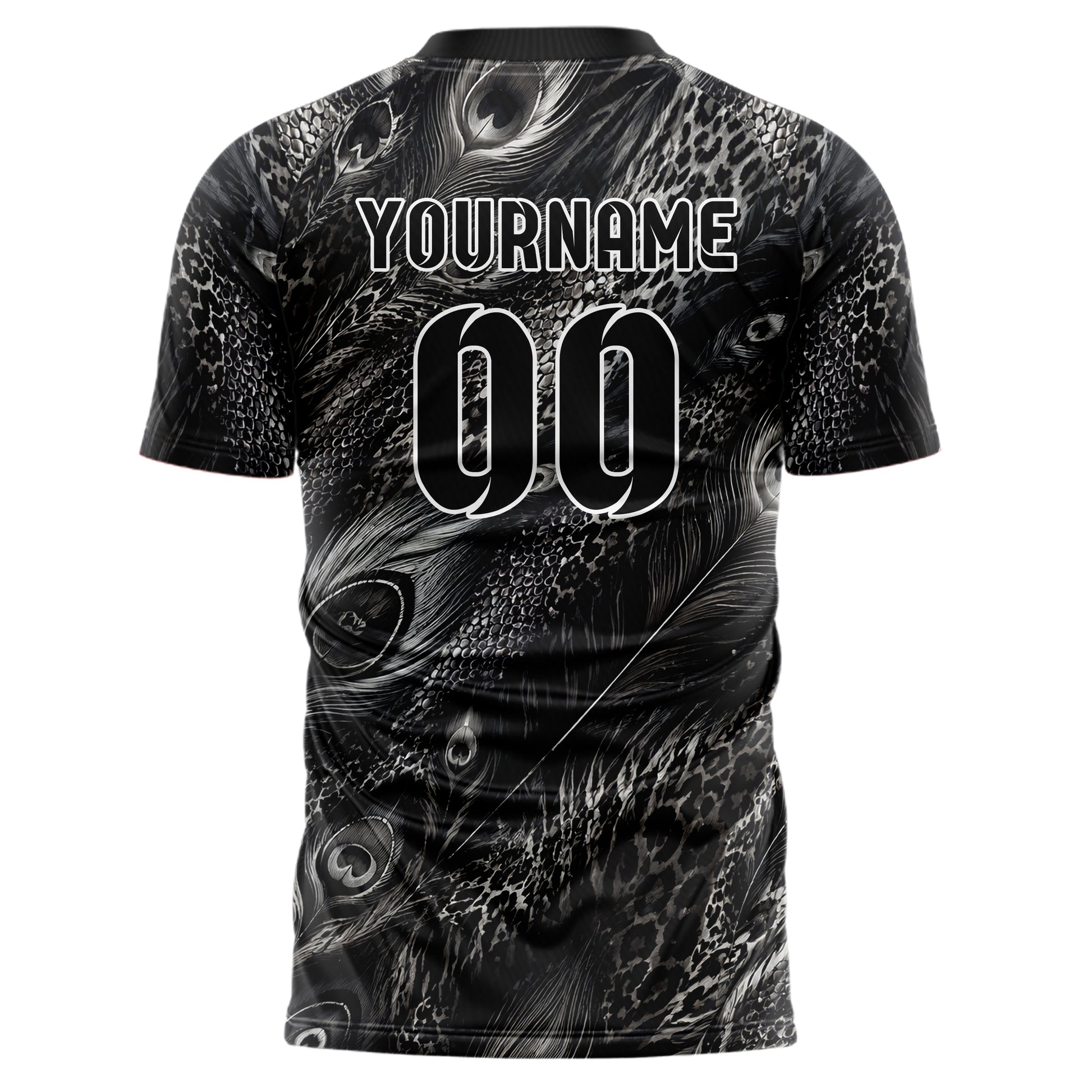 Schwarz klassisches Animal Print Peacock Feather Design 08-0033 individuelles Fußballtrikot back