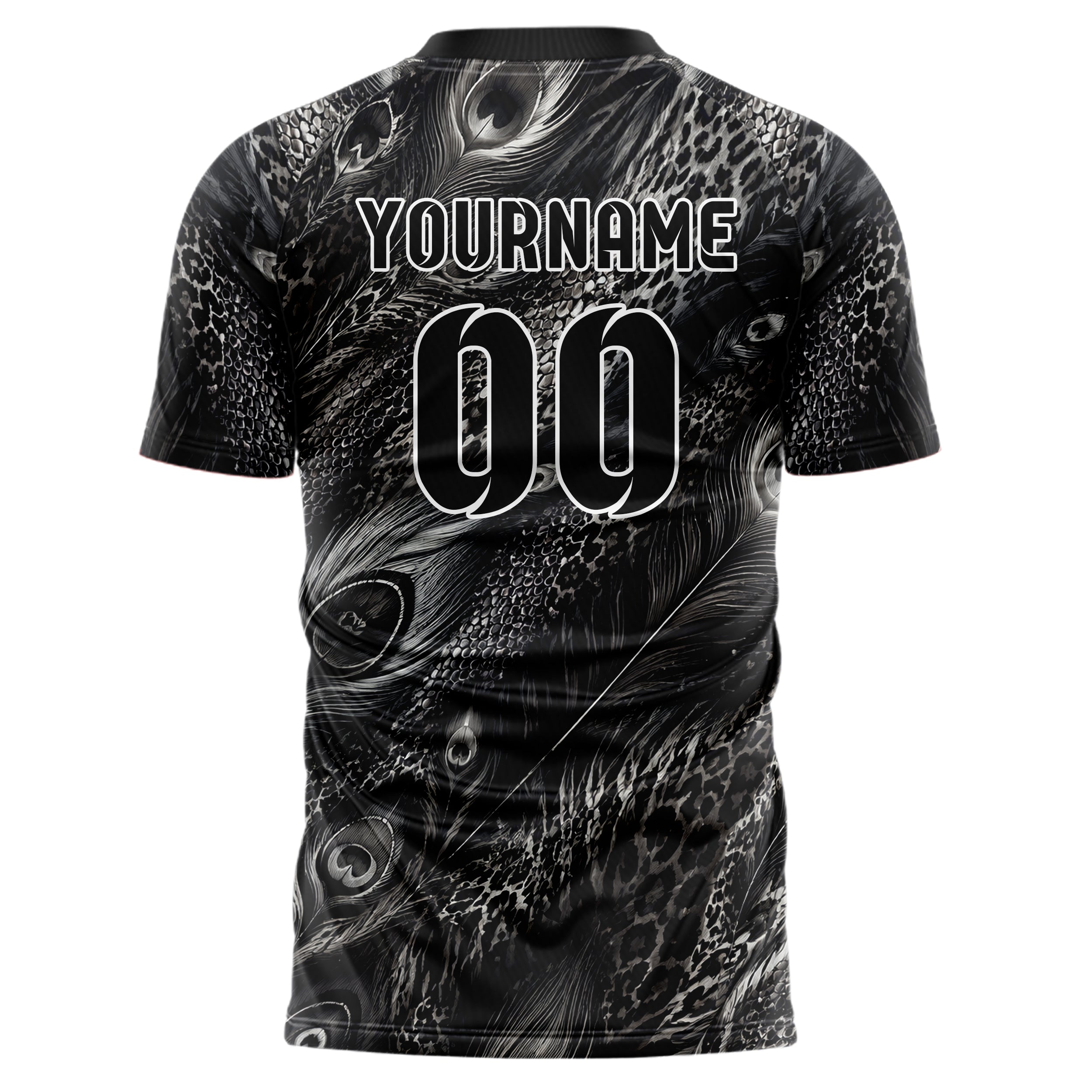 Schwarz klassisches Animal Print Peacock Feather Design 08-0033 individuelles Fußballtrikot back