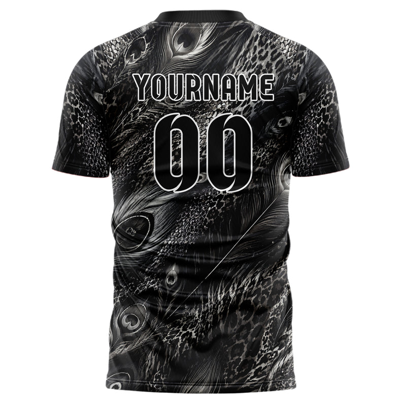 Schwarz klassisches Animal Print Peacock Feather Design 08-0033 individuelles Fußballtrikot back