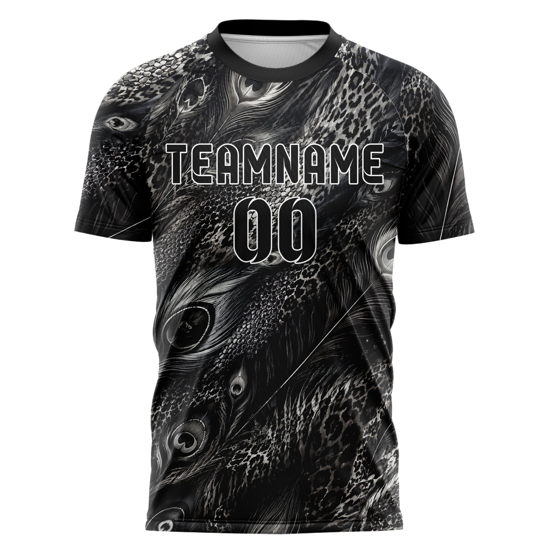 Schwarz klassisches Animal Print Peacock Feather Design 08-0033 individuelles Fußballtrikot front