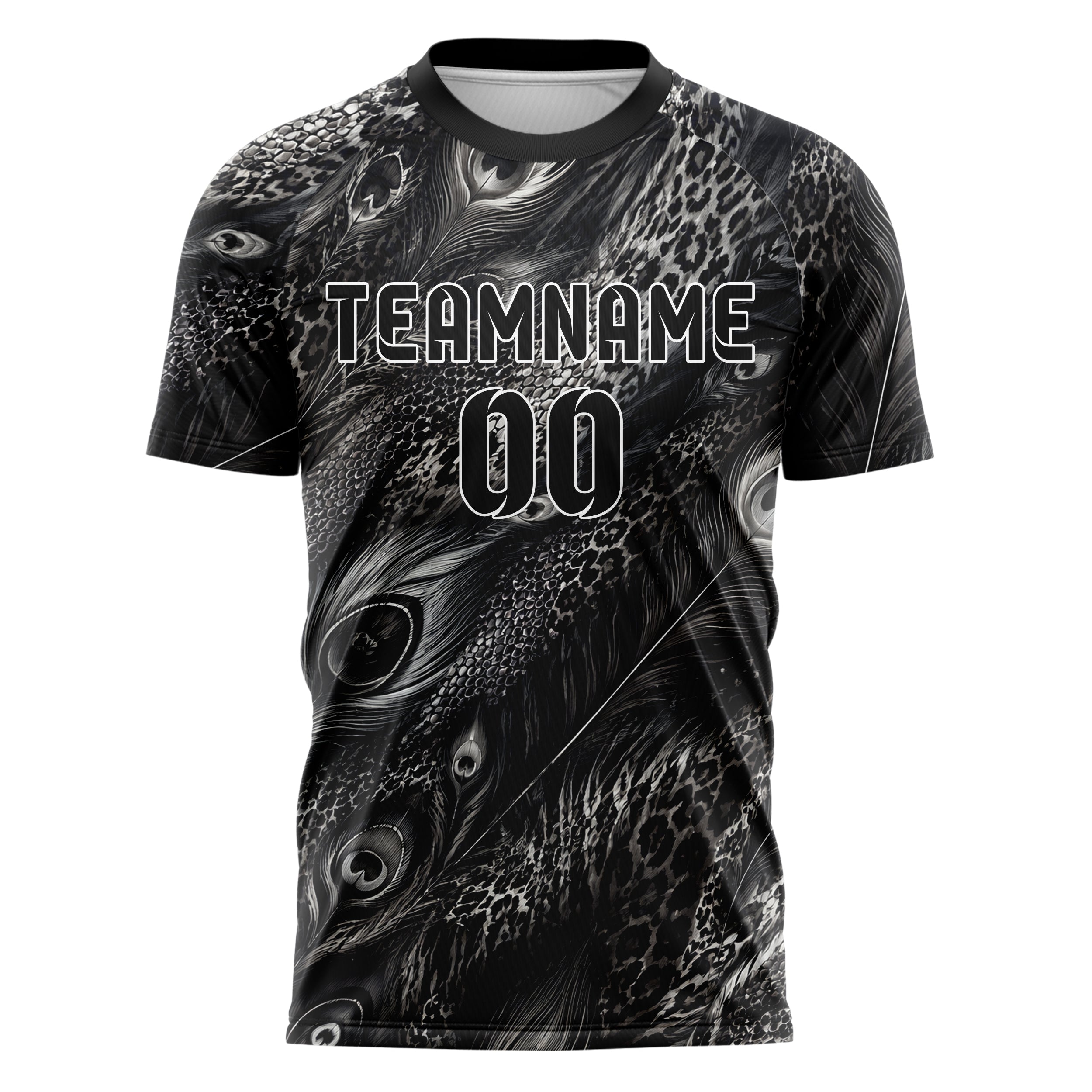 Schwarz klassisches Animal Print Peacock Feather Design 08-0033 individuelles Fußballtrikot front