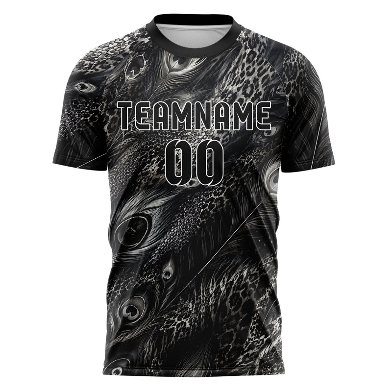 Schwarz klassisches Animal Print Peacock Feather Design 08-0033 individuelles Fußballtrikot front