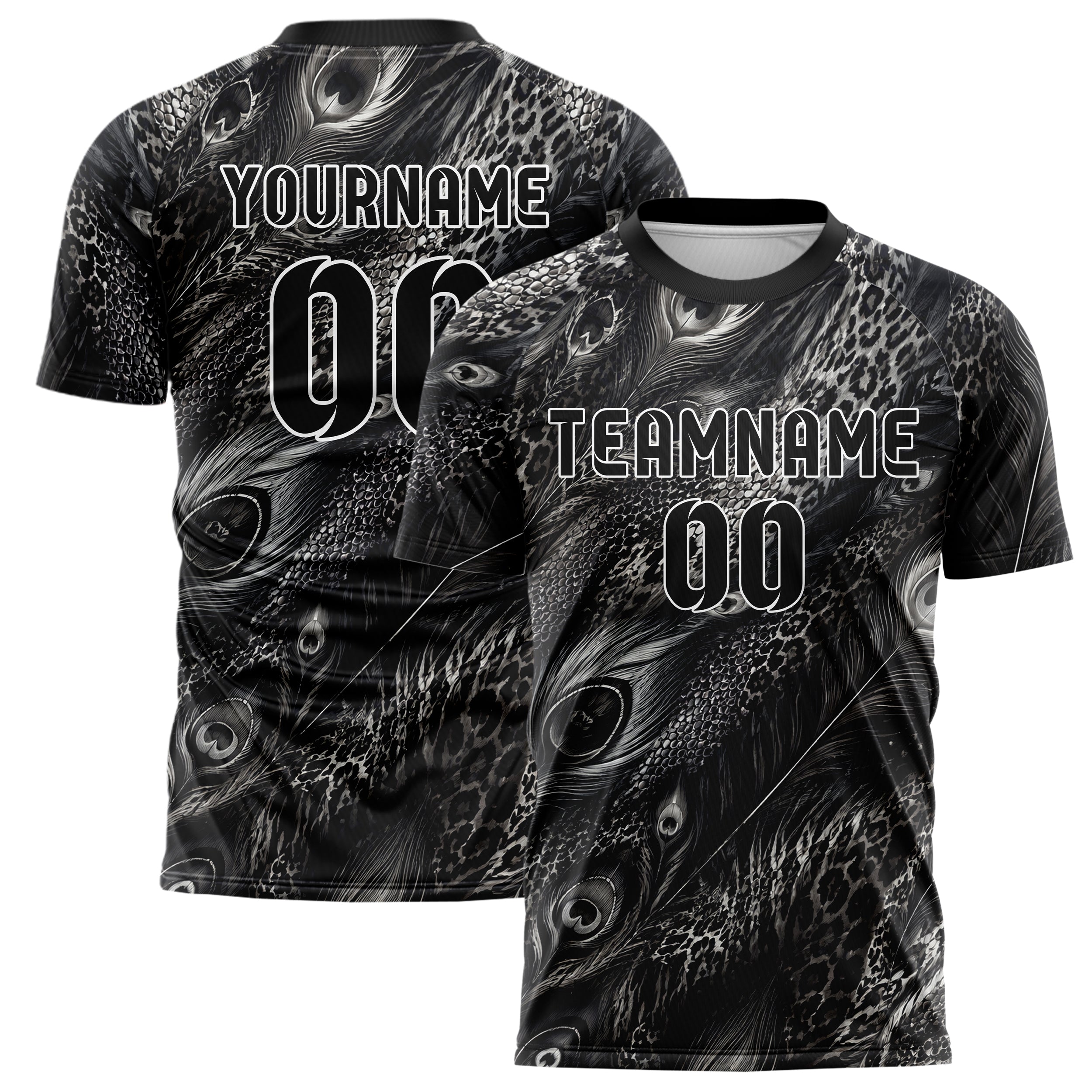 Schwarz klassisches Animal Print Peacock Feather Design 08-0033 individuelles Fußballtrikot main
