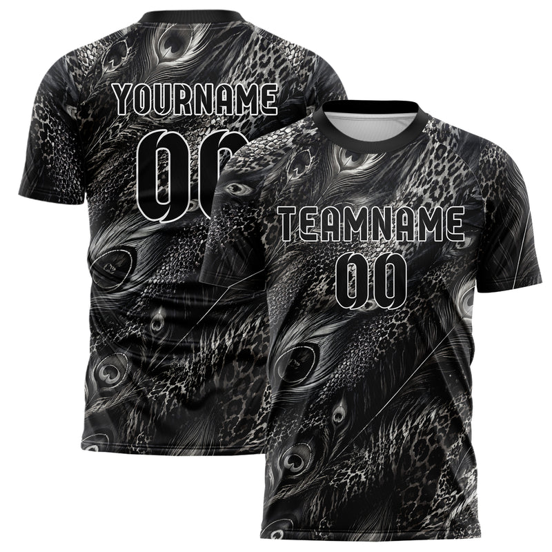 Schwarz klassisches Animal Print Peacock Feather Design 08-0033 individuelles Fußballtrikot main