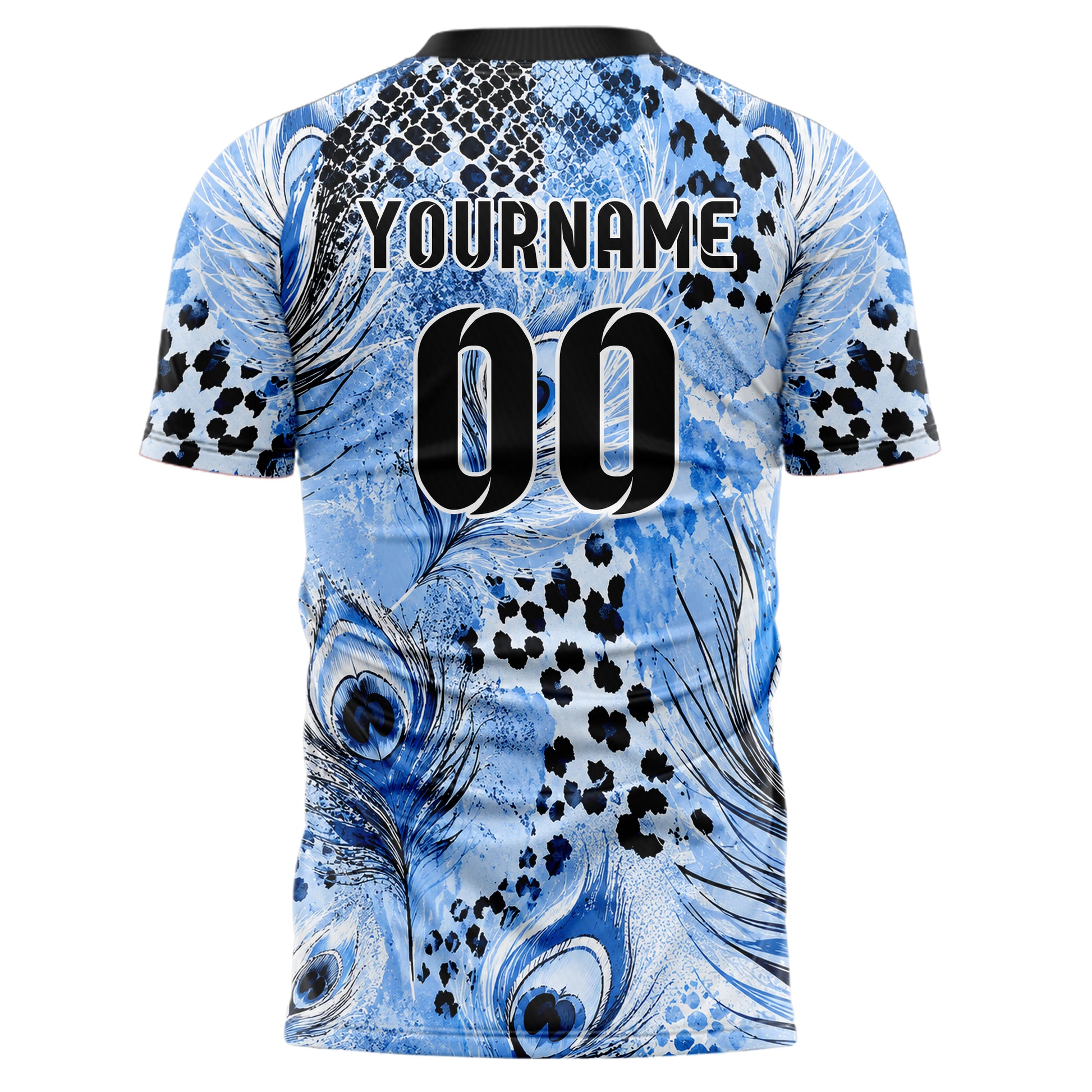 Puderblau lebendiges Animal Print Peacock Feather Design 08-0021 individuelles Fußballtrikot back