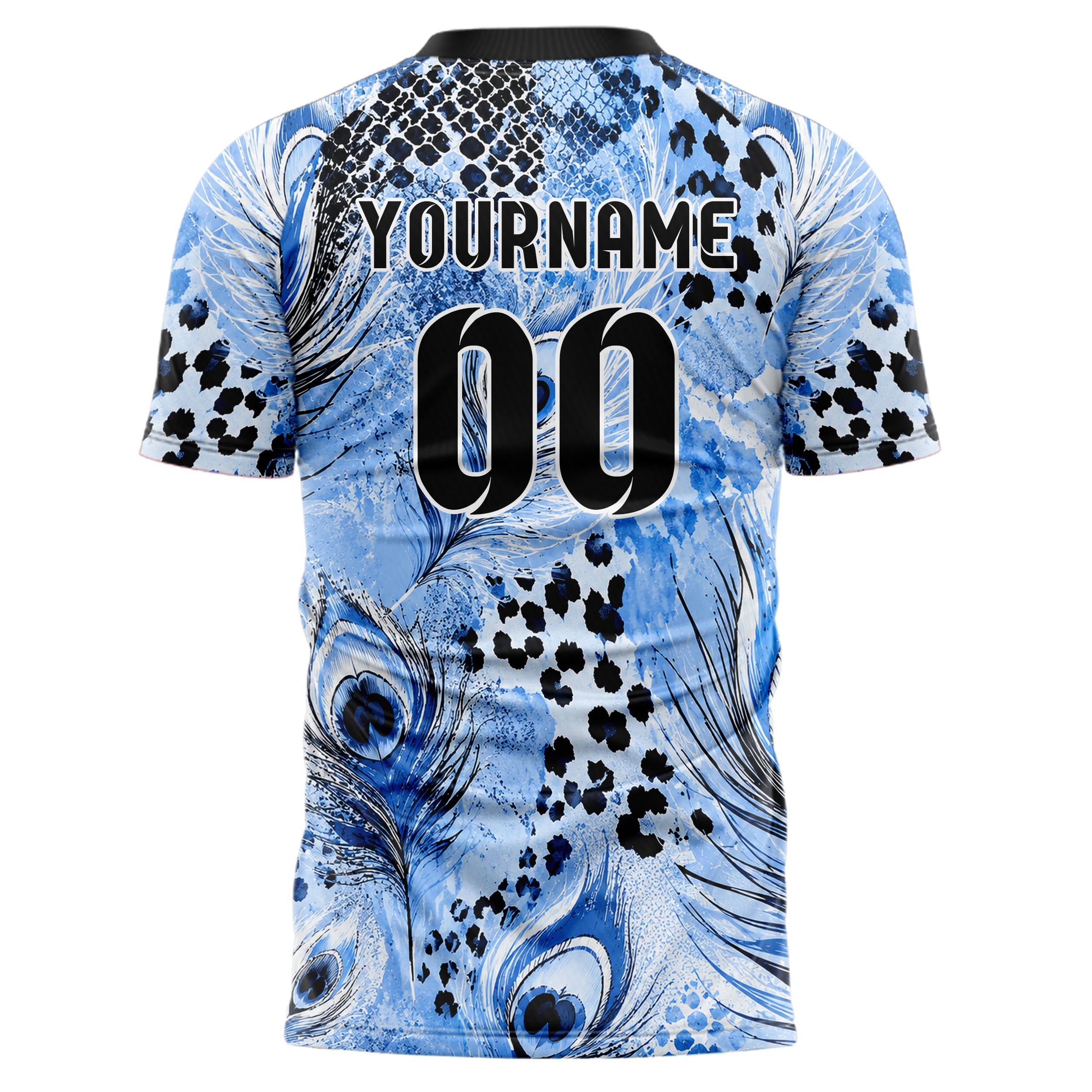 Puderblau lebendiges Animal Print Peacock Feather Design 08-0021 individuelles Fußballtrikot back