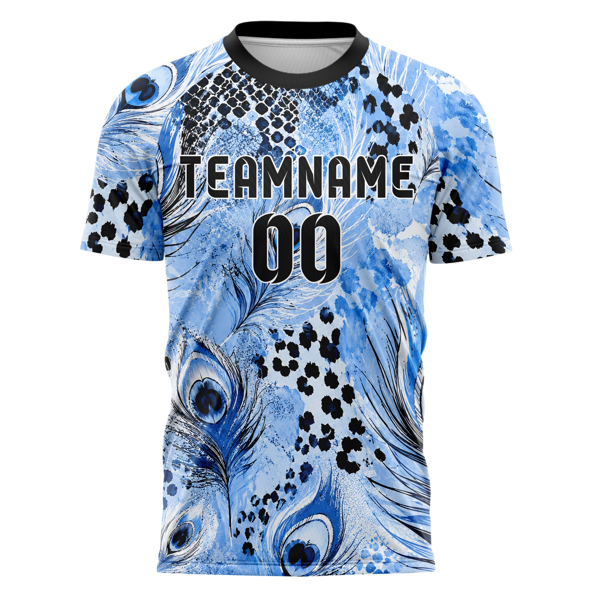 Puderblau lebendiges Animal Print Peacock Feather Design 08-0021 individuelles Fußballtrikot front