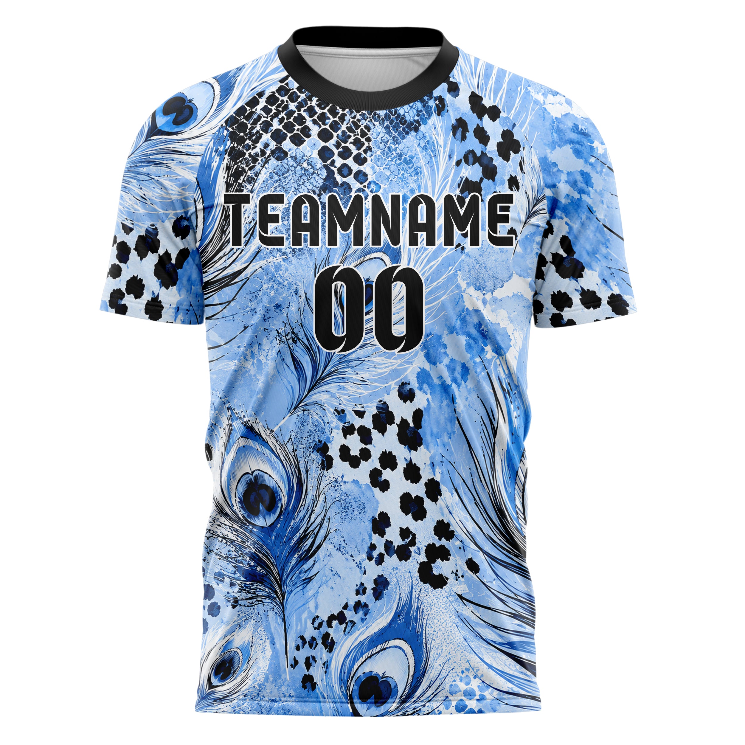 Puderblau lebendiges Animal Print Peacock Feather Design 08-0021 individuelles Fußballtrikot front