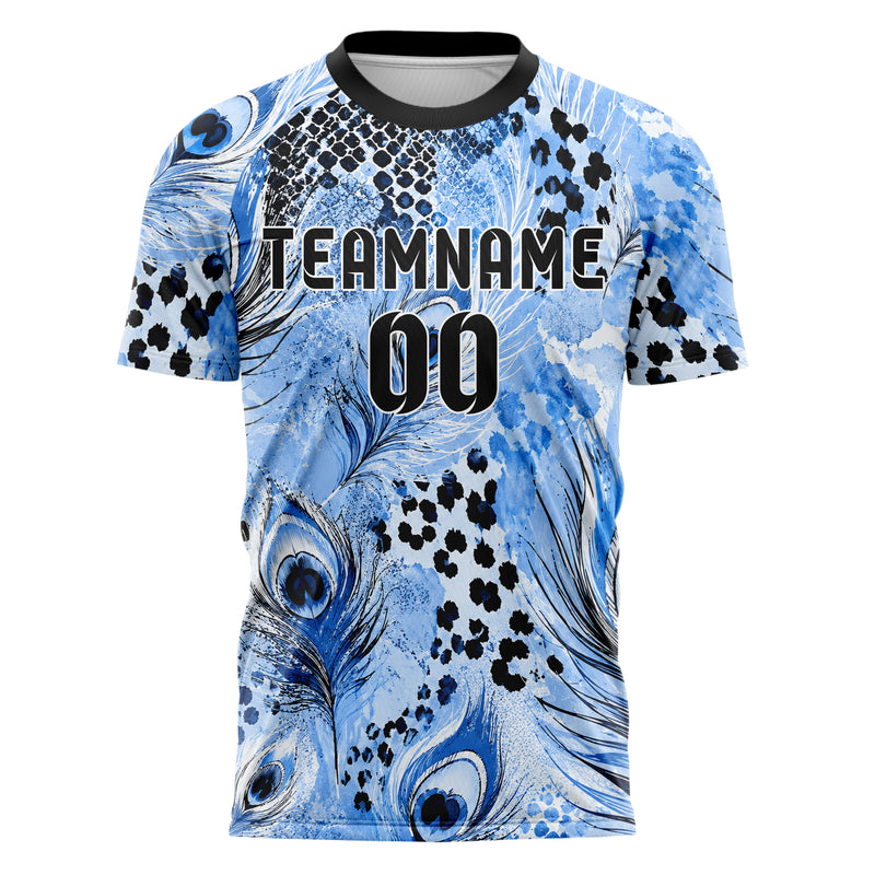 Puderblau lebendiges Animal Print Peacock Feather Design 08-0021 individuelles Fußballtrikot front
