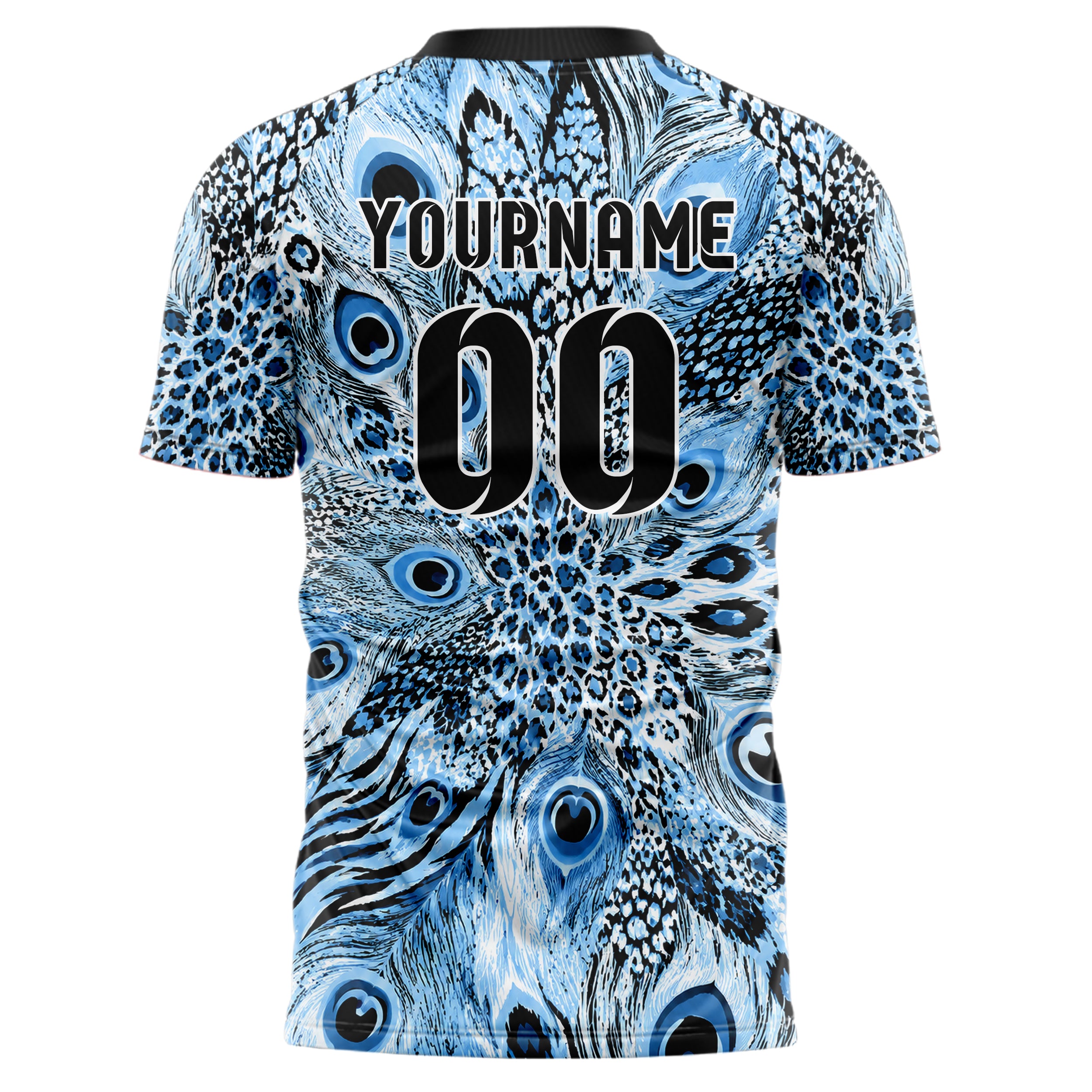 Puderblau lebendiges Animal Print Peacock Feather Design 08-0027 individuelles Fußballtrikot back