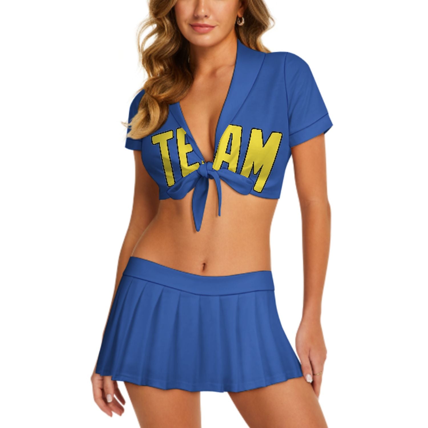 Completo da cheerleader personalizzato azzurro cielo giallo pallido