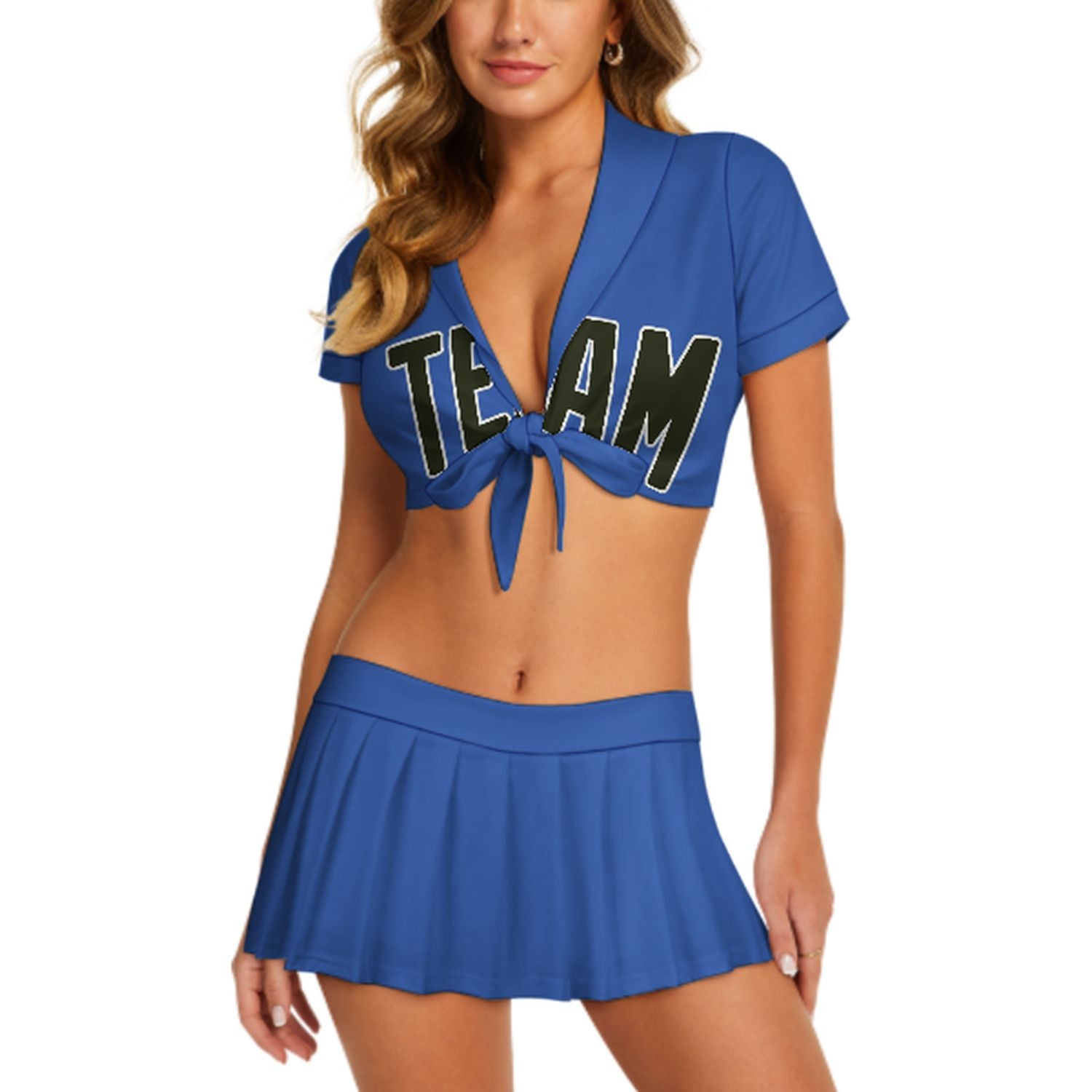 Maßgeschneidertes Himmelblau Dunkles Oliv Cheerleader Outfit Set