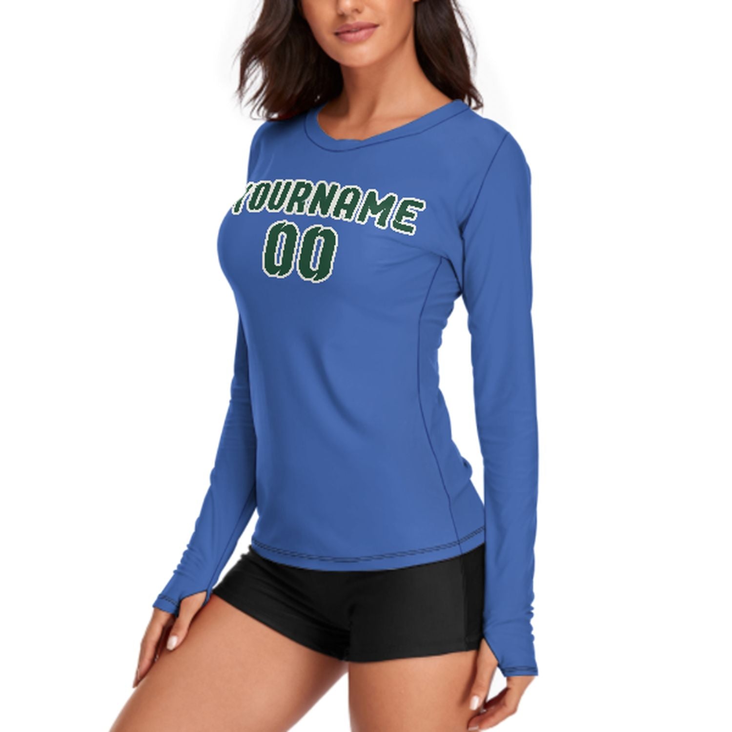 Maßgeschneidertes Himmelblau Moosgrün Damen Langarmshirt