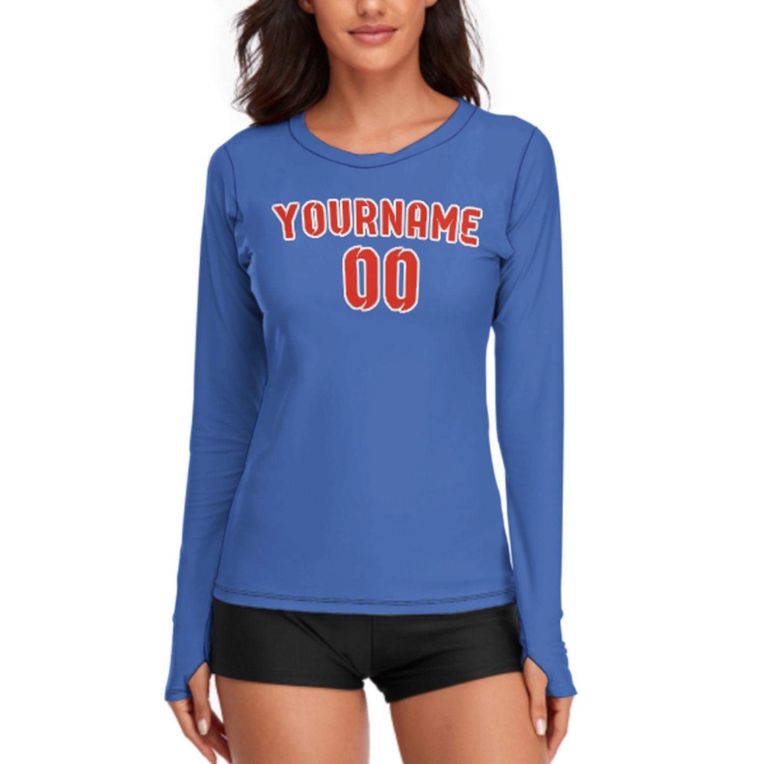 Maßgeschneidertes Himmelblau Orangerot Damen Langarmshirt
