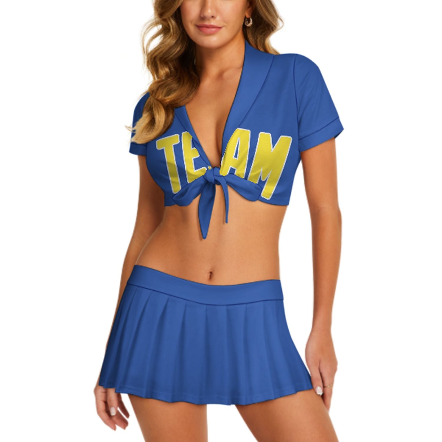 Maßgeschneidertes Himmelblau Blassgelb Cheerleader Outfit Set