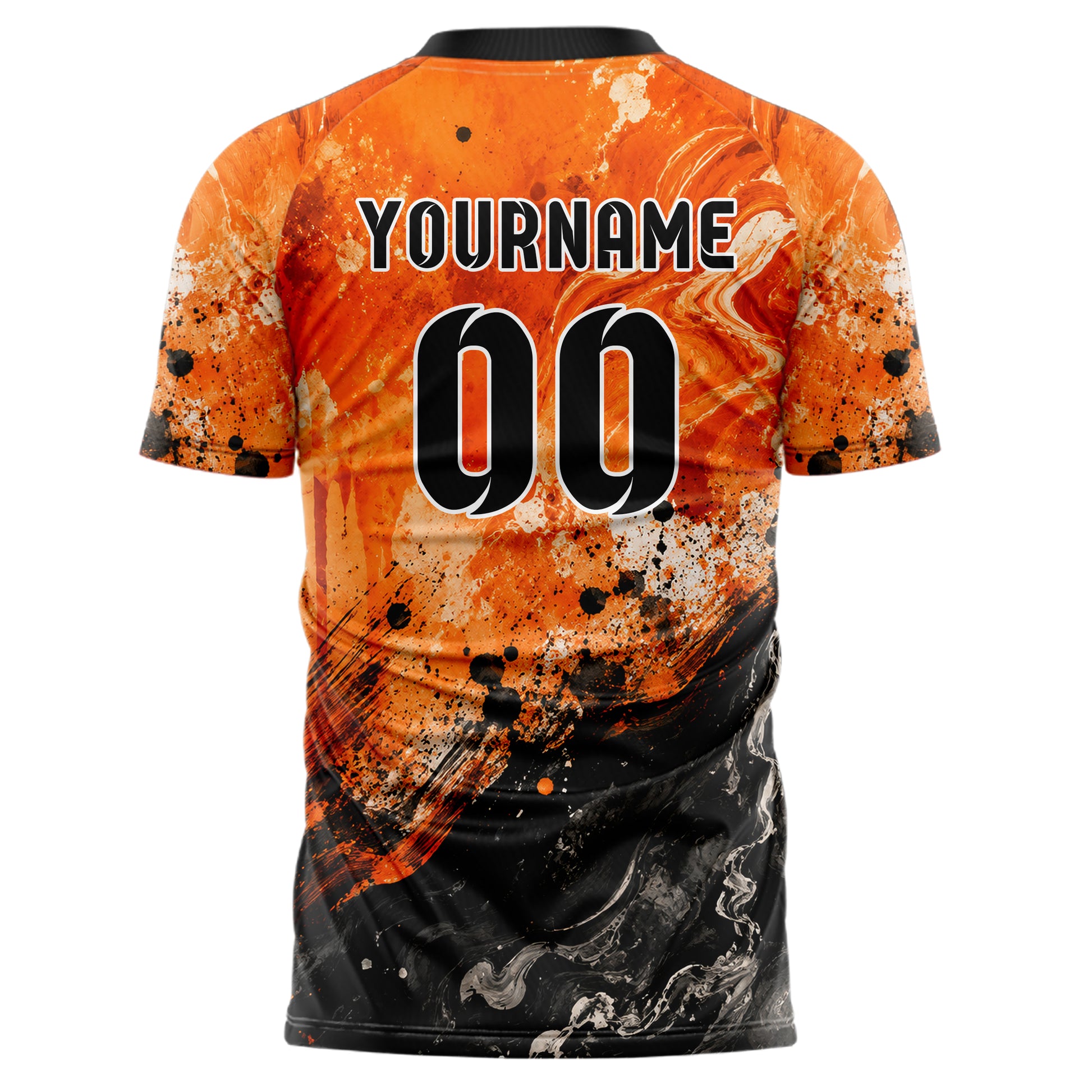 Orange lebendiges Pinselstrich Watercolor Top Dark Bottom Design 09-0007 individuelles Fußballtrikot back