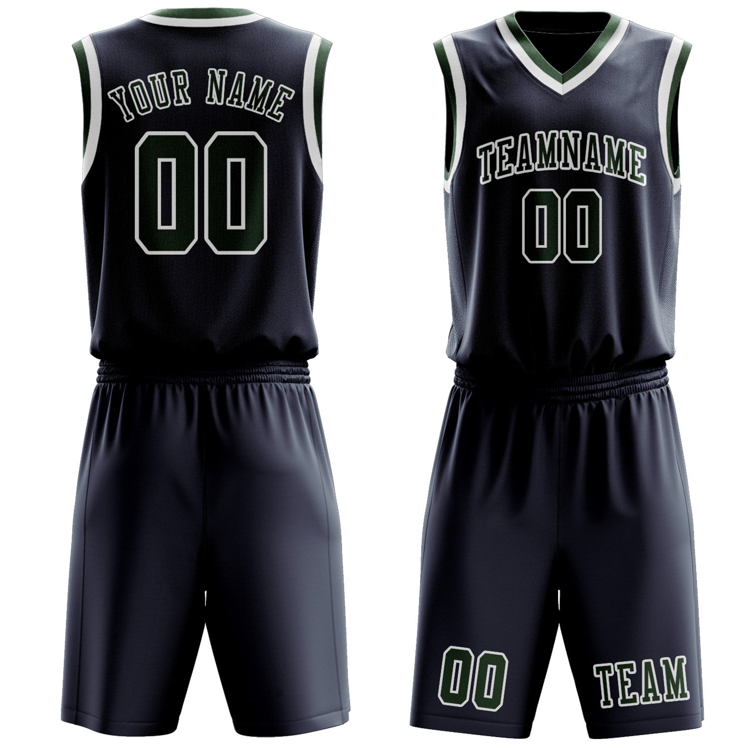 Benutzerdefiniertes Professionelles Marineblau Tannengrün Basketballtrikot-Set