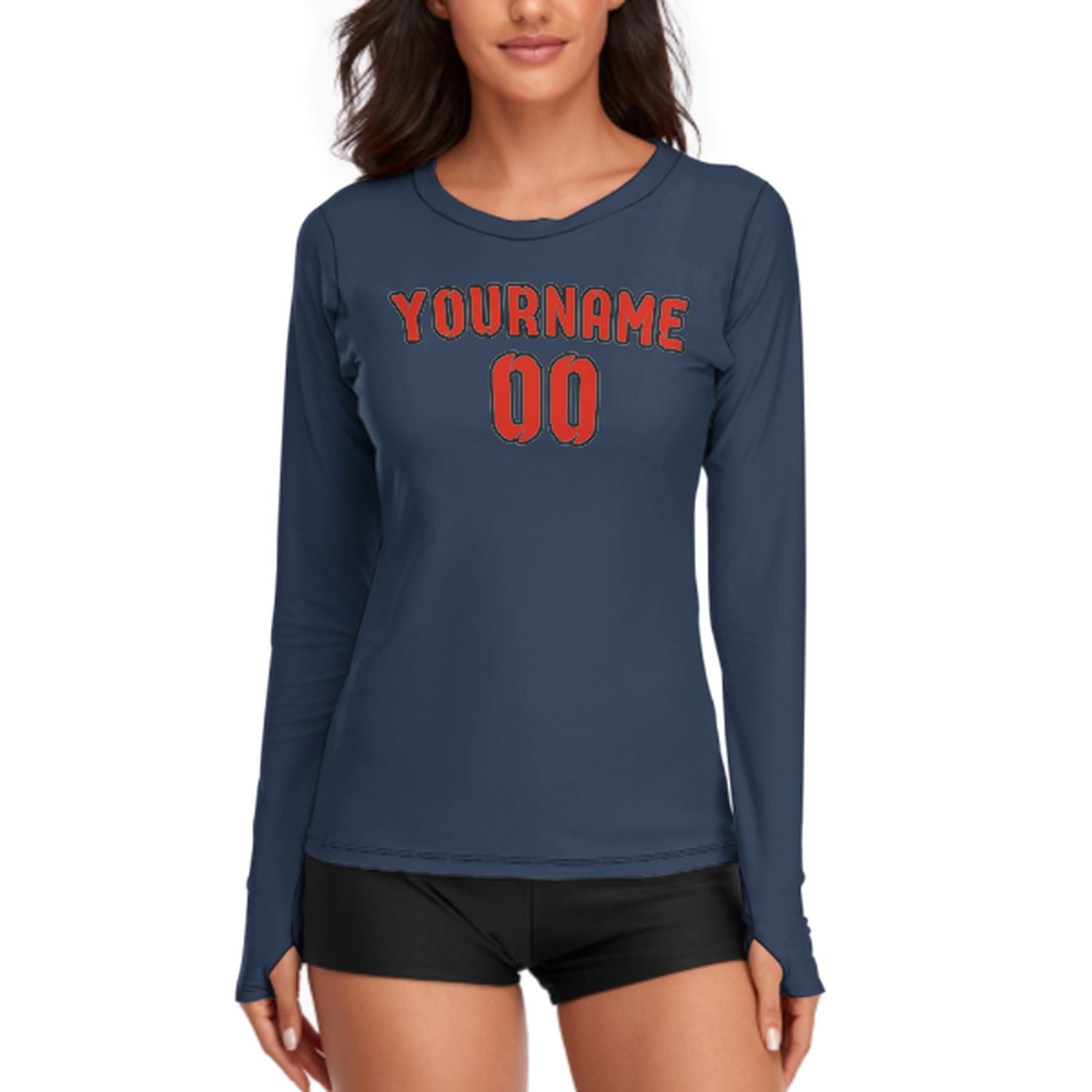 Maßgeschneidertes Marineblau Orangerot Damen Langarmshirt