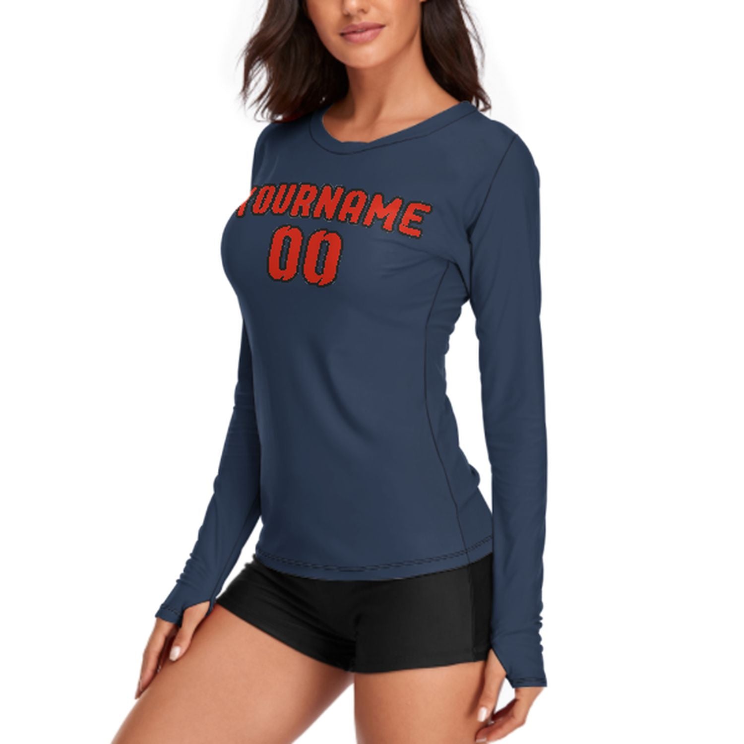 Maßgeschneidertes Marineblau Orangerot Damen Langarmshirt