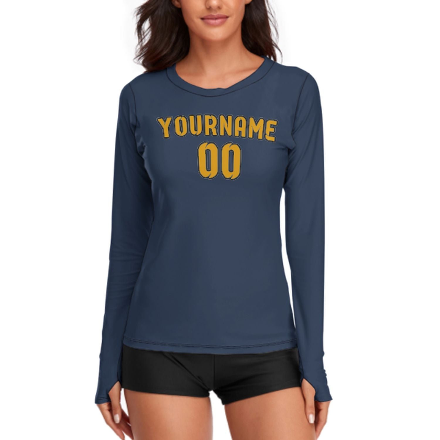 Maßgeschneidertes Marineblau Gelb Damen Langarmshirt