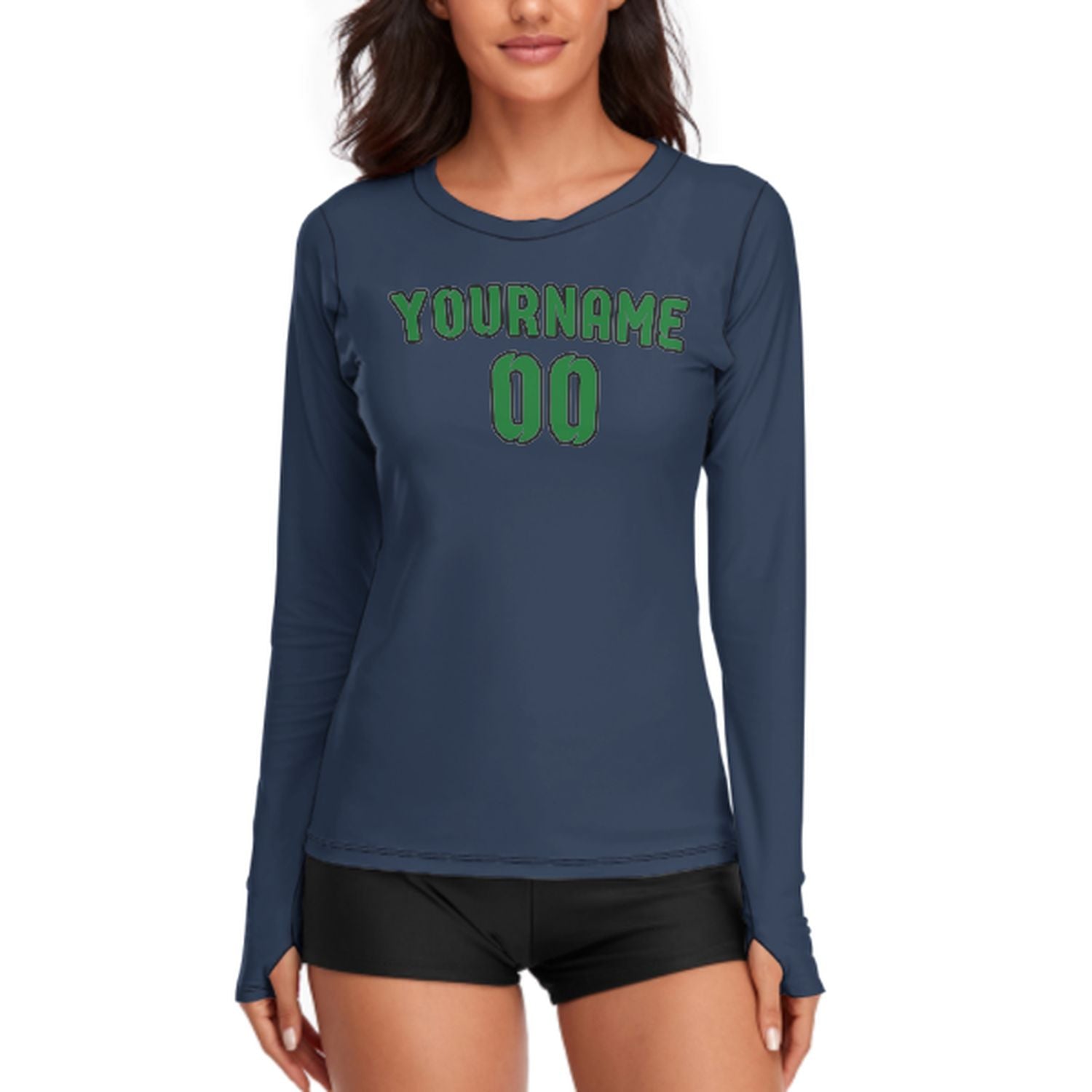 Maßgeschneidertes Marineblau Smaragdgrün Damen Langarmshirt