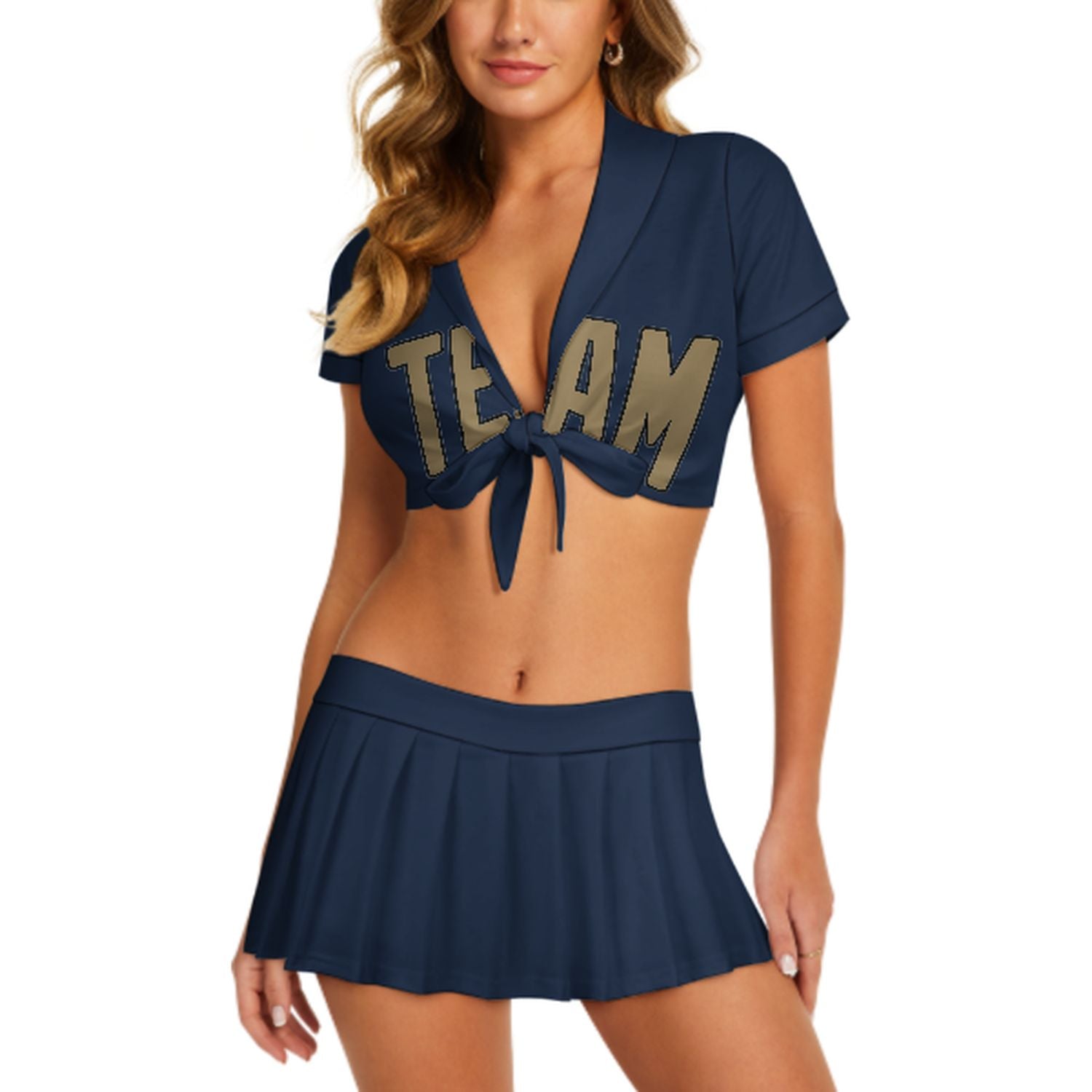 Maßgeschneidertes Marineblau Hellkhaki Cheerleader Outfit Set