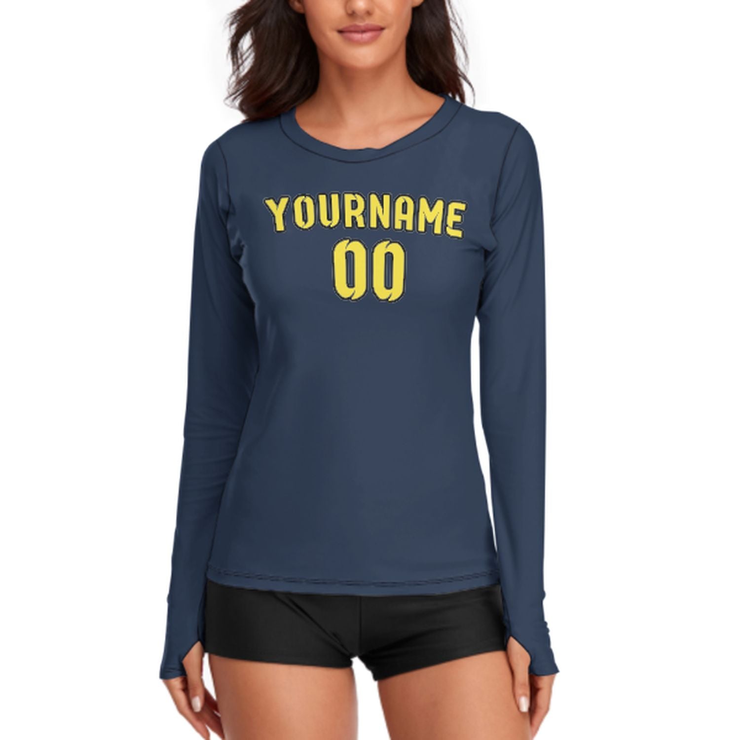 Maßgeschneidertes Marineblau Blassgelb Damen Langarmshirt