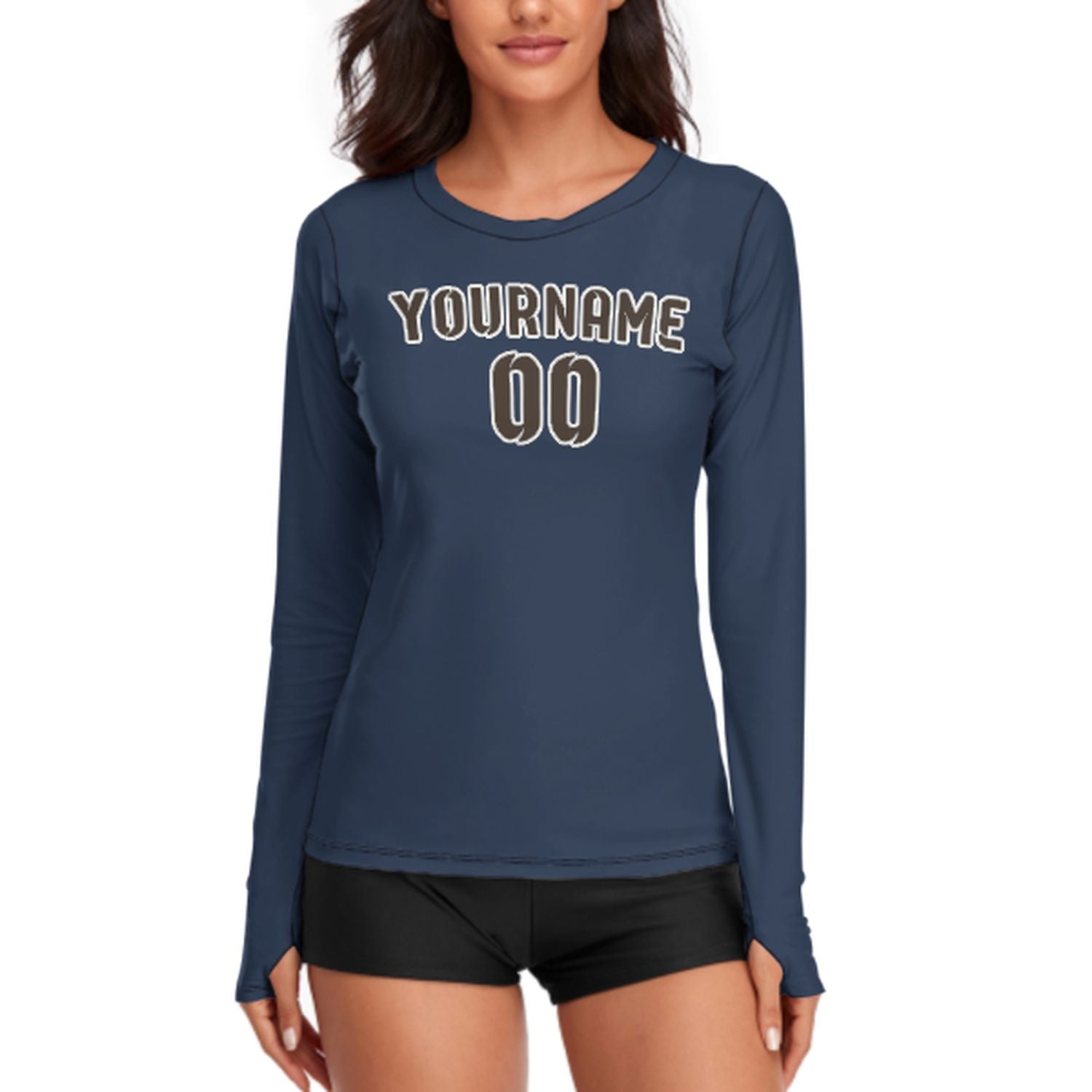 Maßgeschneidertes Marineblau Braun Damen Langarmshirt