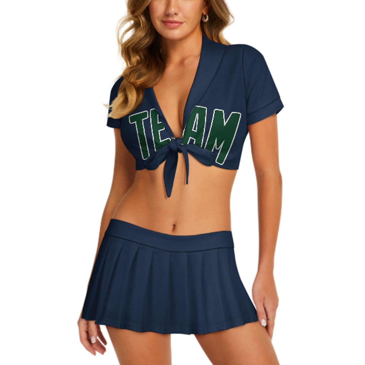 Completo da cheerleader personalizzato blu navy e verde muschio