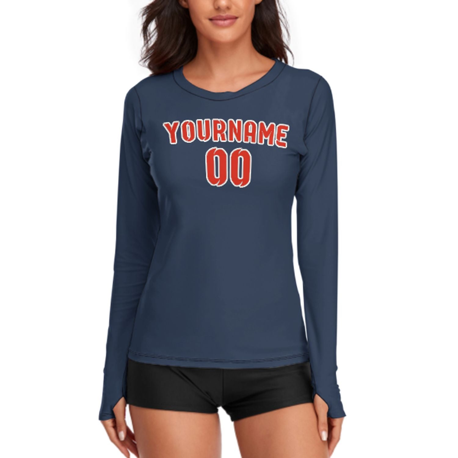Maßgeschneidertes Marineblau Orangerot Damen Langarmshirt