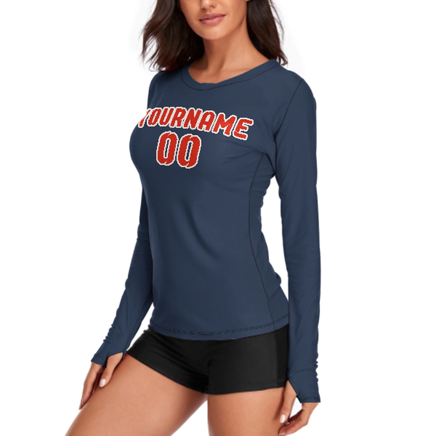 Maßgeschneidertes Marineblau Orangerot Damen Langarmshirt