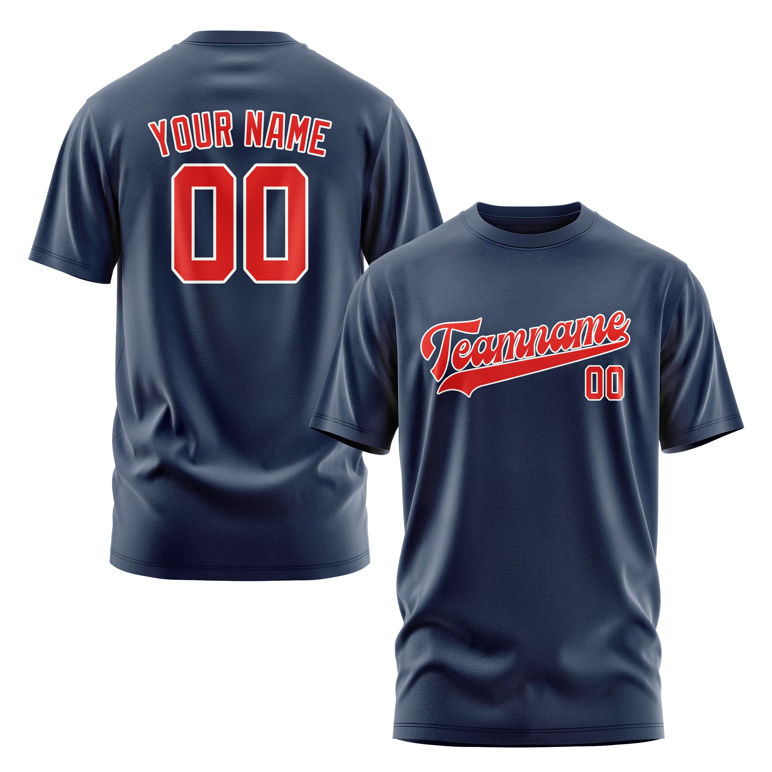 Maßgeschneidertes Marineblau Orangerot T-Shirt