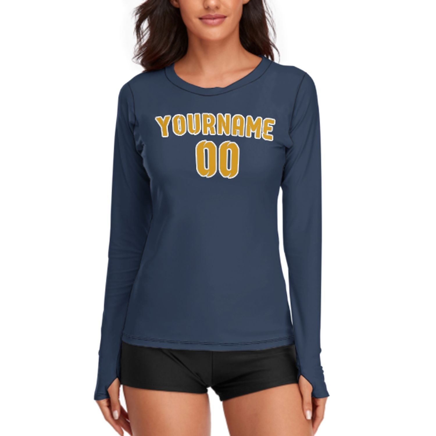 Maßgeschneidertes Marineblau Gelb Damen Langarmshirt