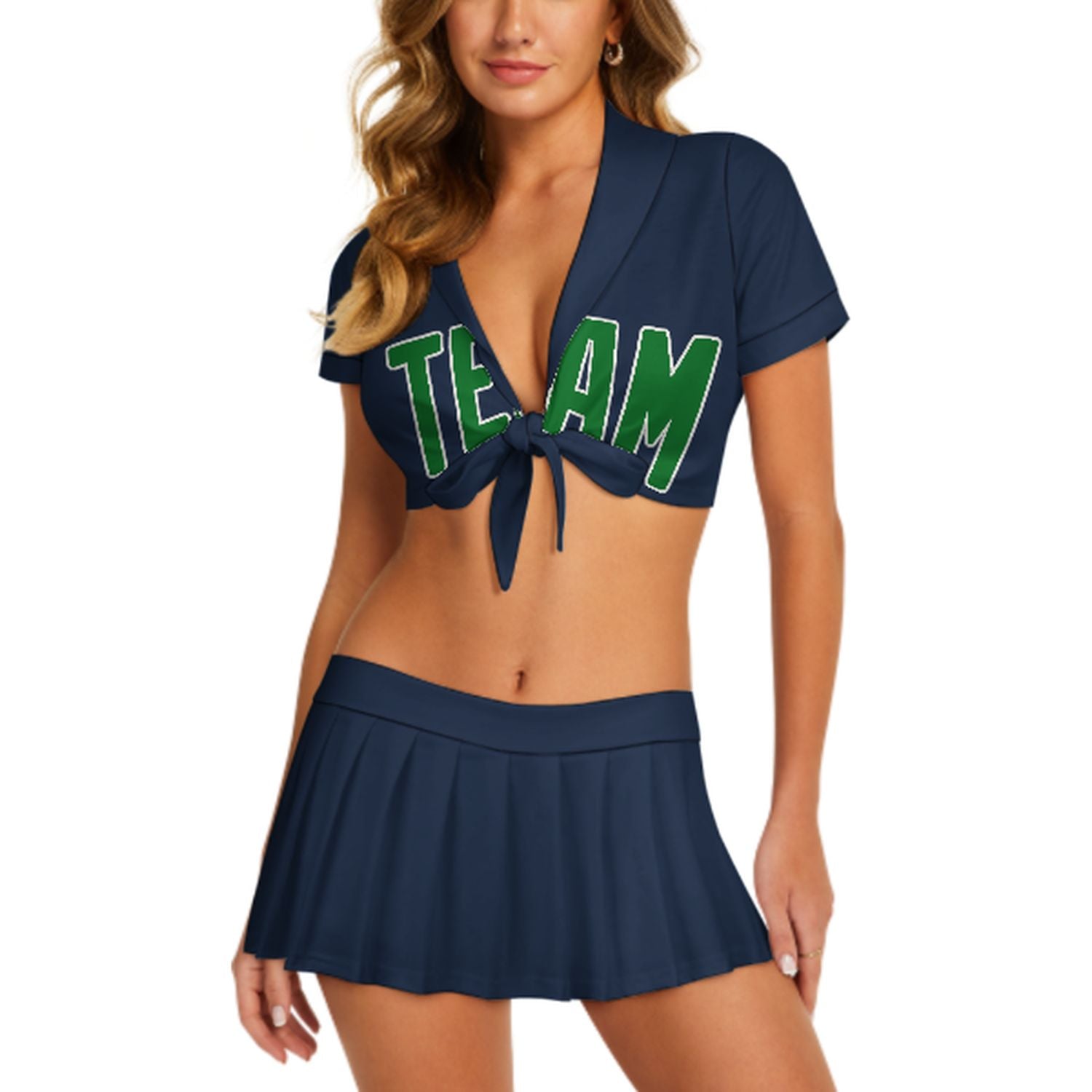 Completo da cheerleader personalizzato blu navy e verde smeraldo