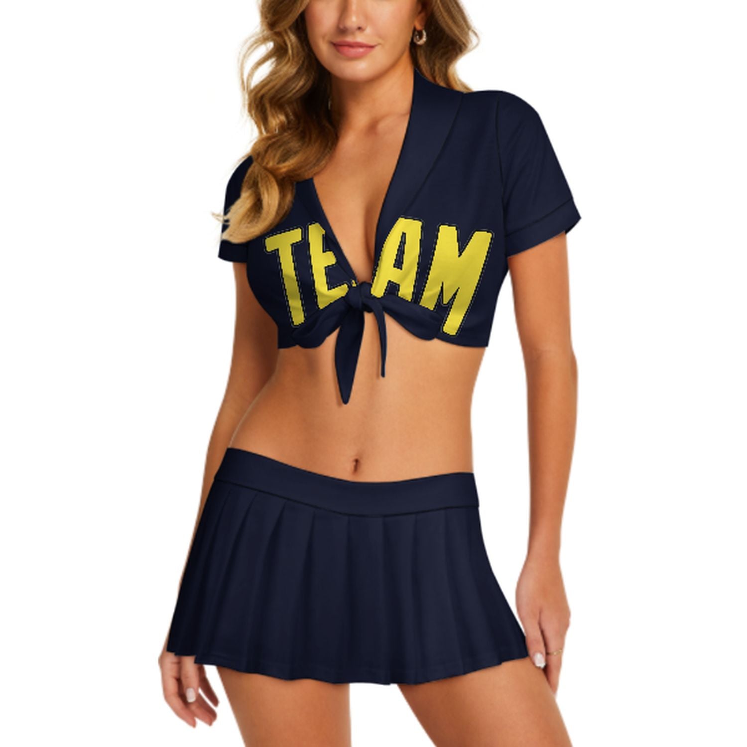 Maßgeschneidertes Stahlblau Blassgelb Cheerleader Outfit Set