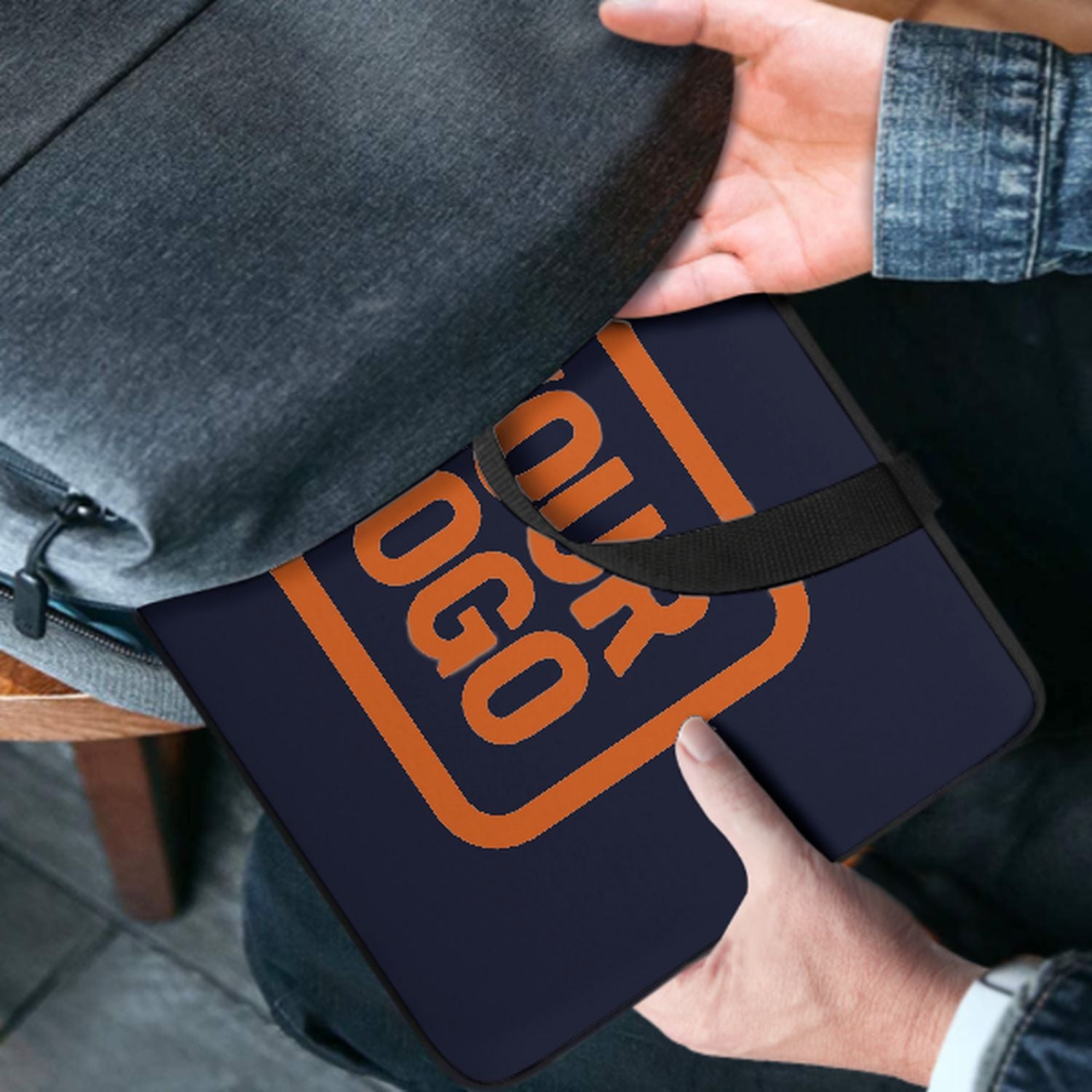 Borsa per laptop personalizzata in acciaio blu e arancione