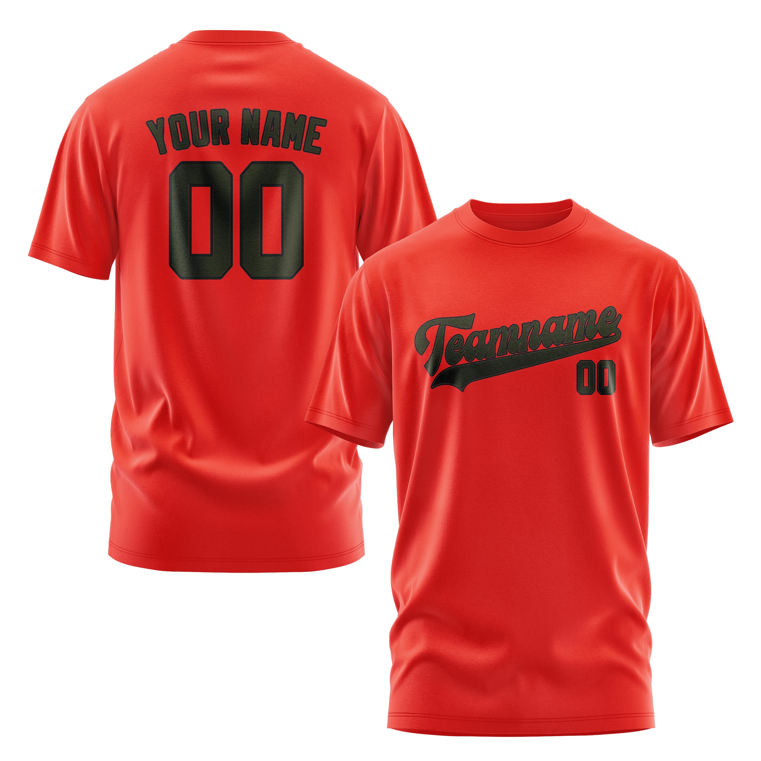 Maßgeschneidertes Orangerot Dunkles Oliv T-Shirt