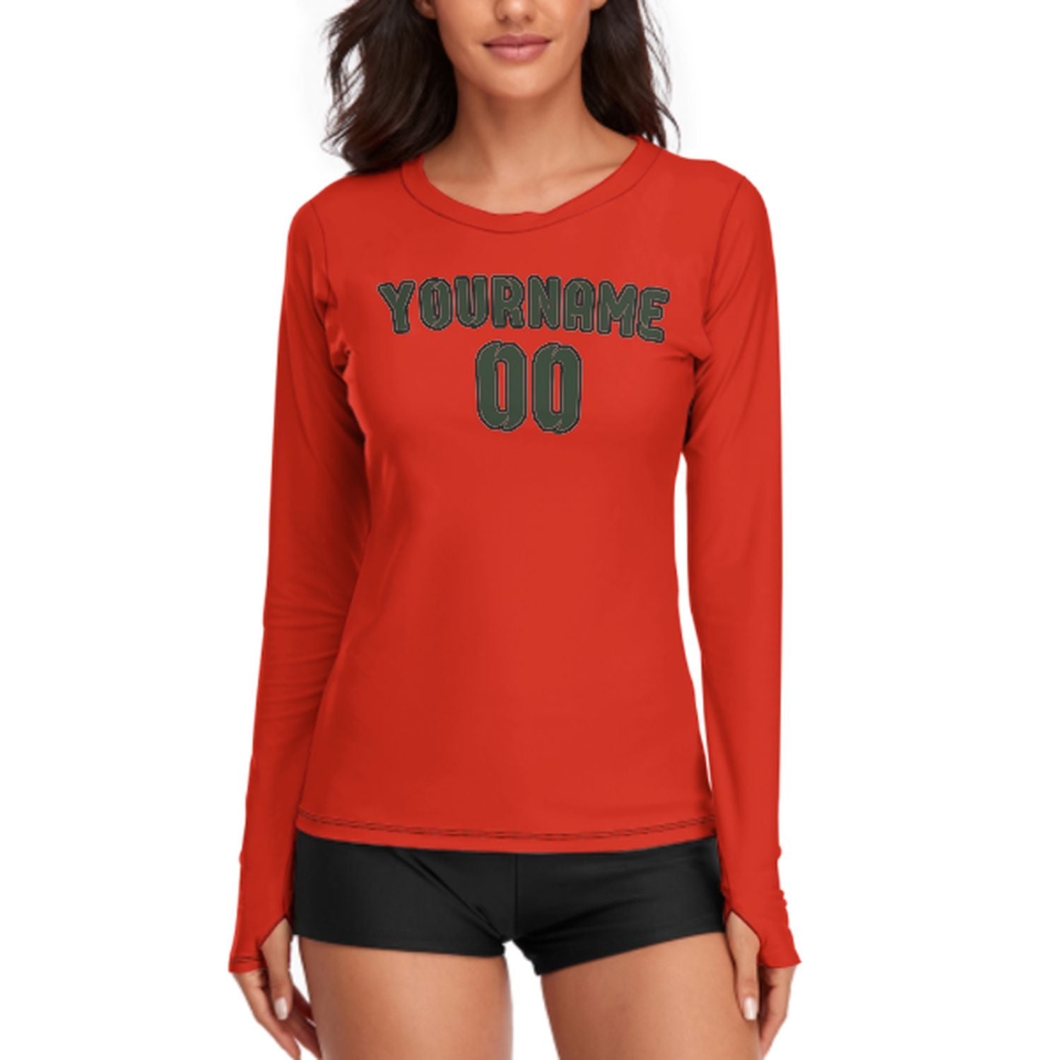 Maßgeschneidertes Orangerot Tannengrün Damen Langarmshirt