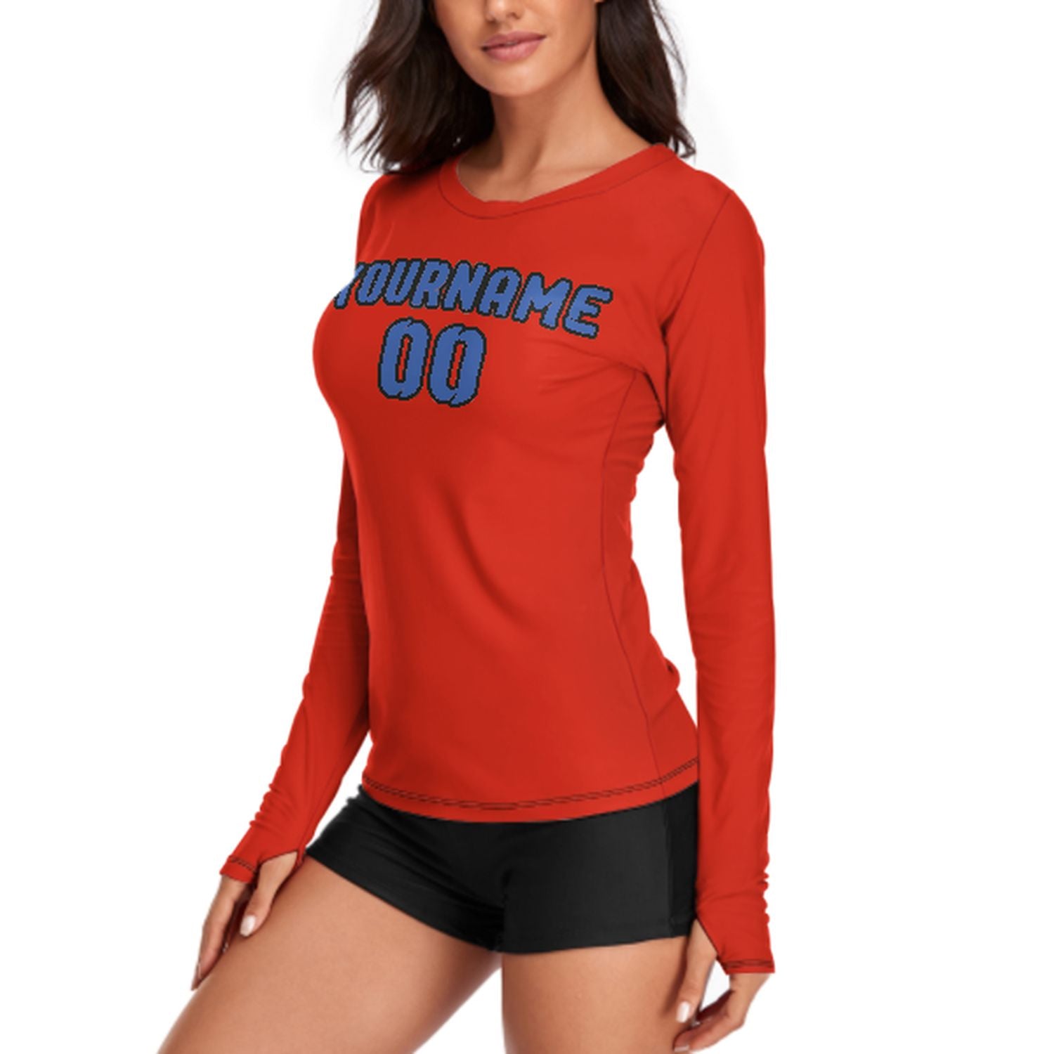 Maßgeschneidertes Orangerot Himmelblau Damen Langarmshirt
