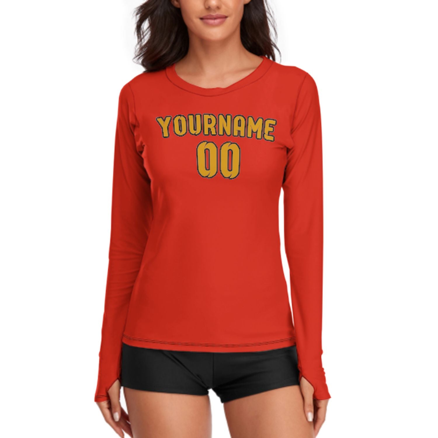 Maßgeschneidertes Orangerot Gelb Damen Langarmshirt