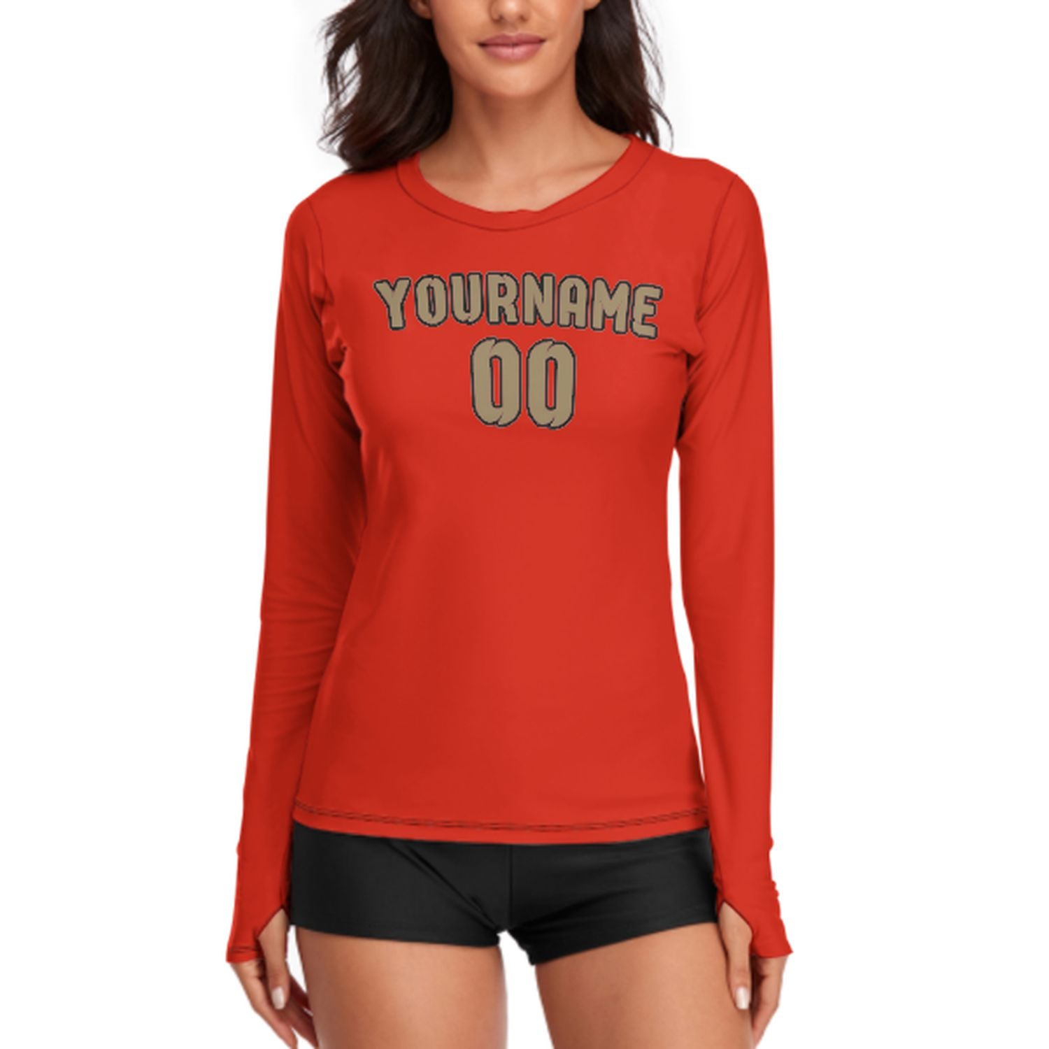 Maßgeschneidertes Orangerot Hellkhaki Damen Langarmshirt