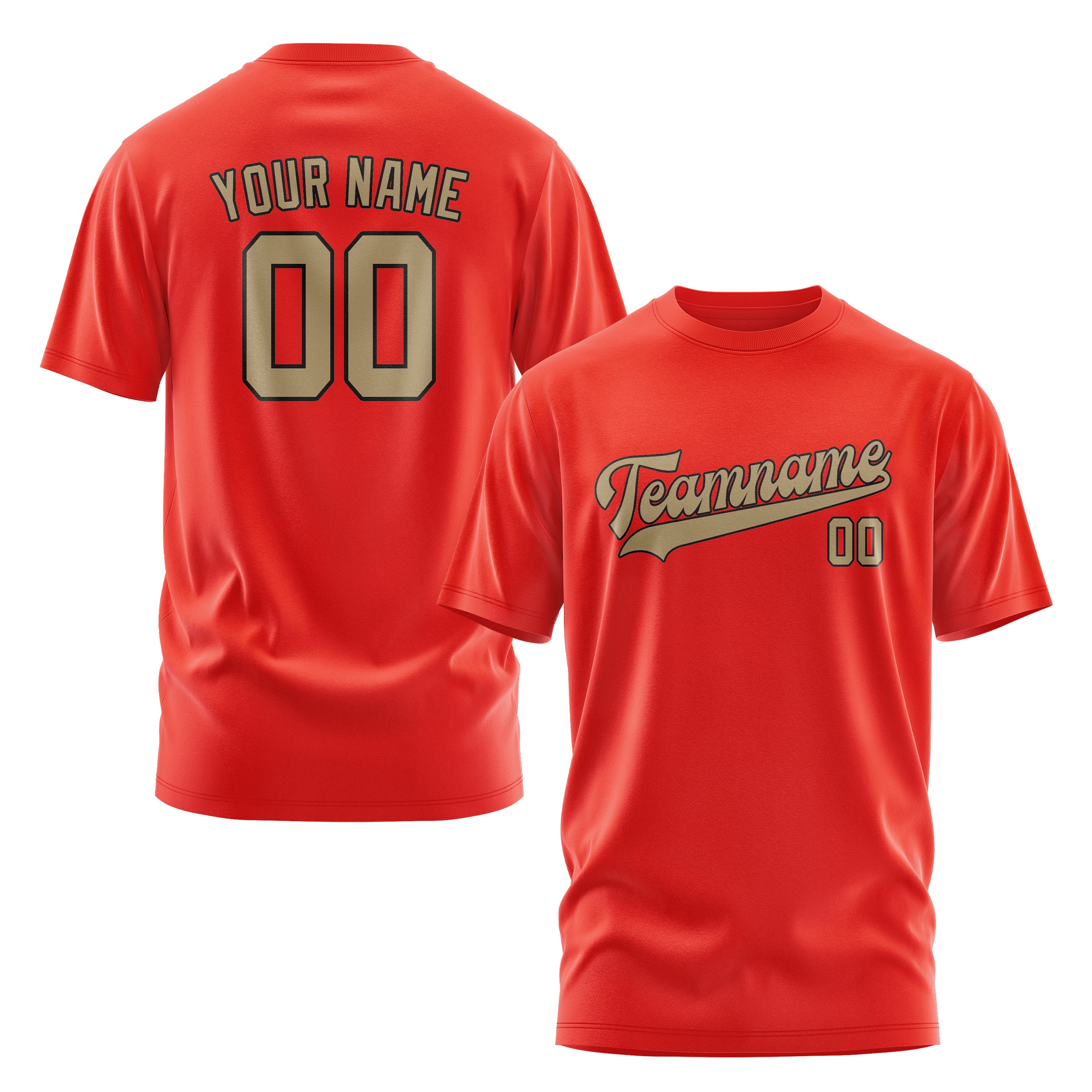 Maßgeschneidertes Orangerot Hellkhaki T-Shirt