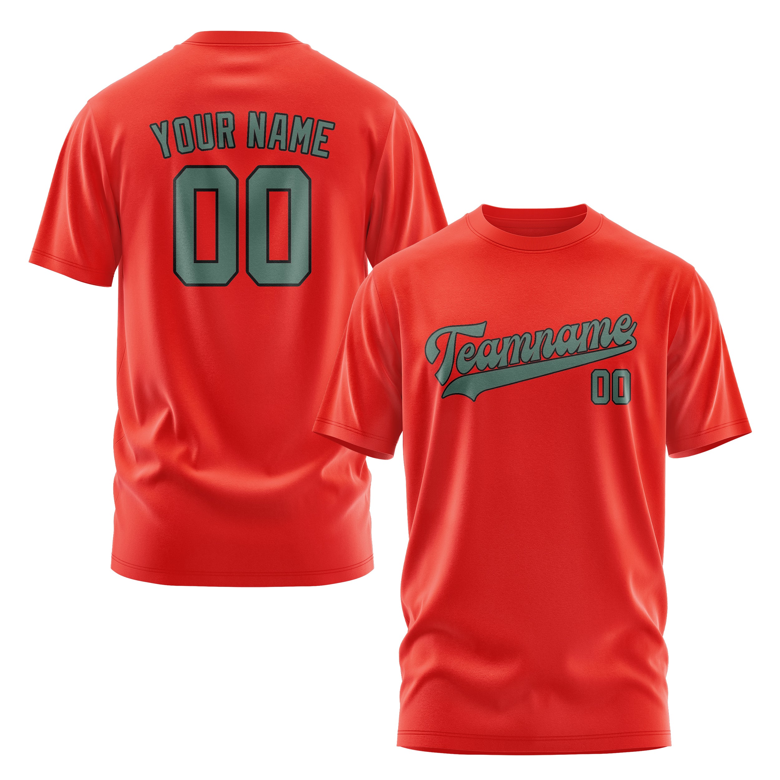 Maßgeschneidertes Orangerot Blaugrün T-Shirt