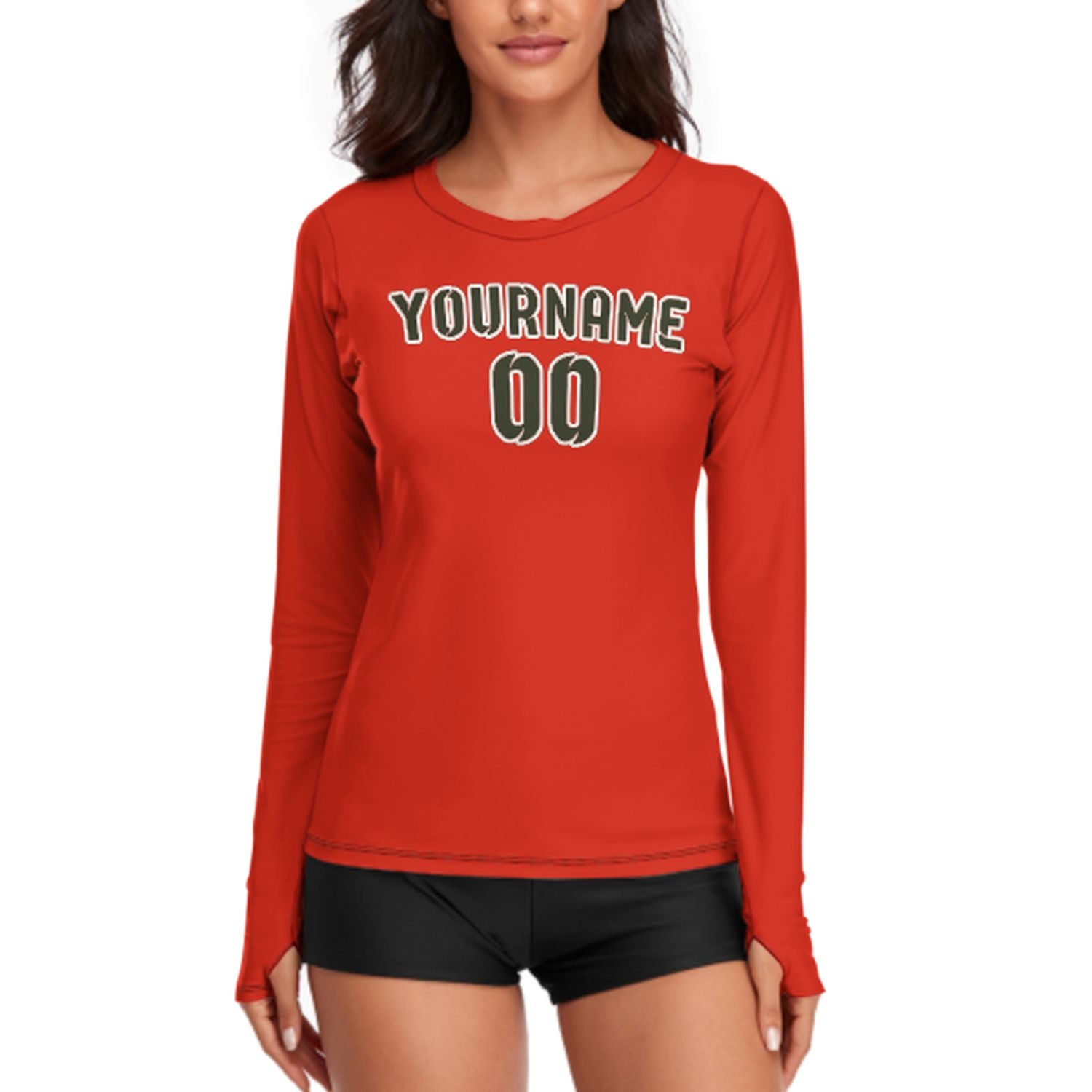 Maßgeschneidertes Orangerot Dunkles Oliv Damen Langarmshirt