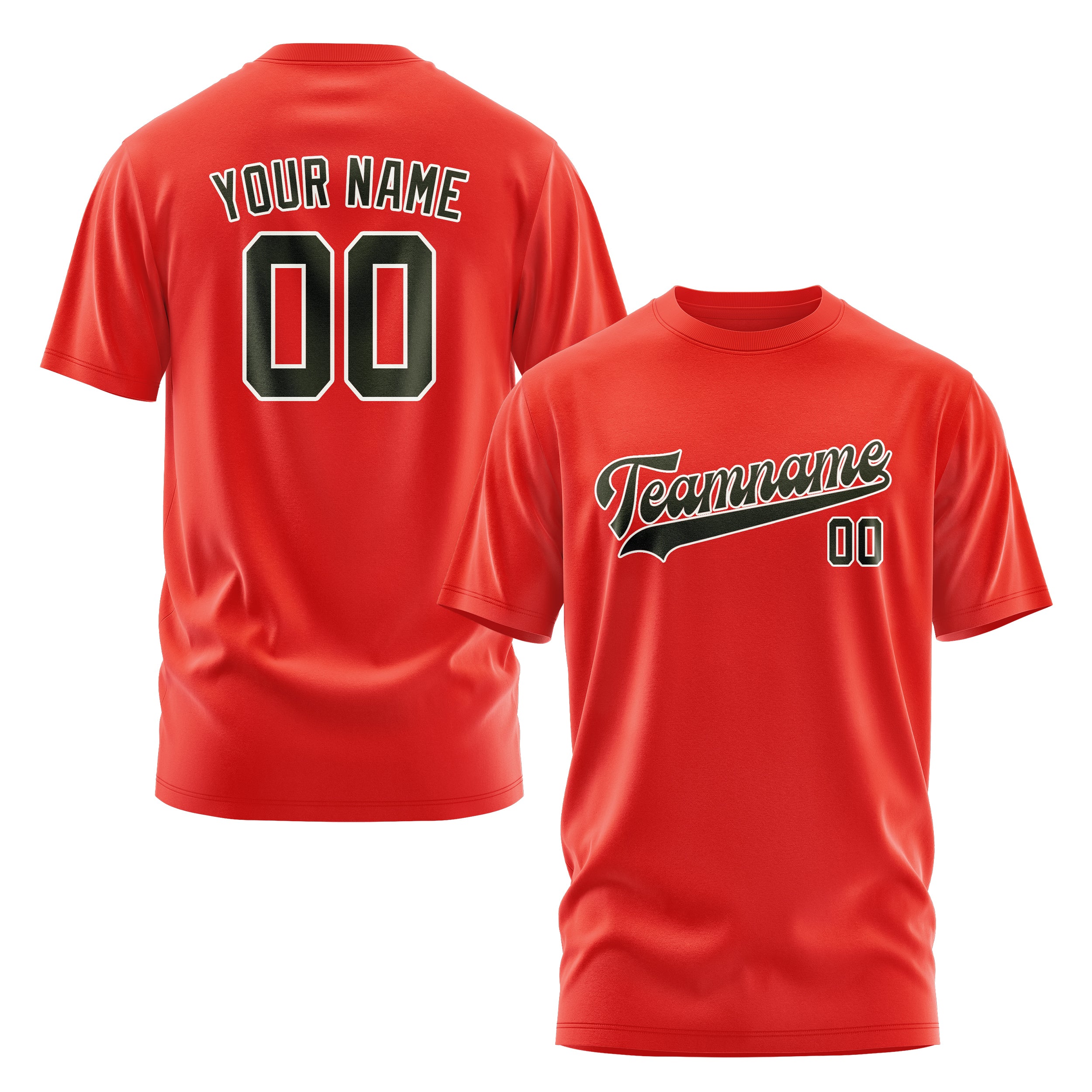 Maßgeschneidertes Orangerot Dunkles Oliv T-Shirt