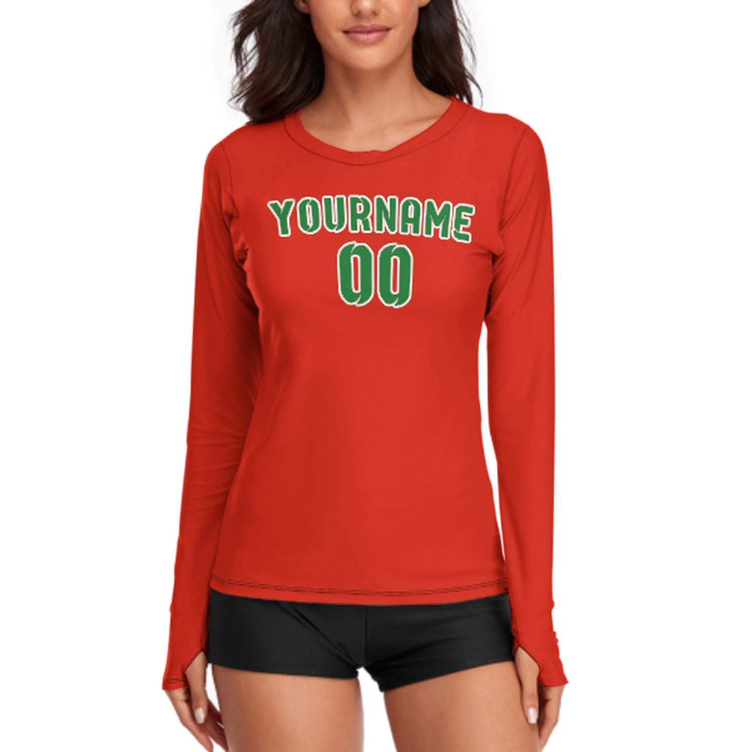 Maßgeschneidertes Orangerot Smaragdgrün Damen Langarmshirt